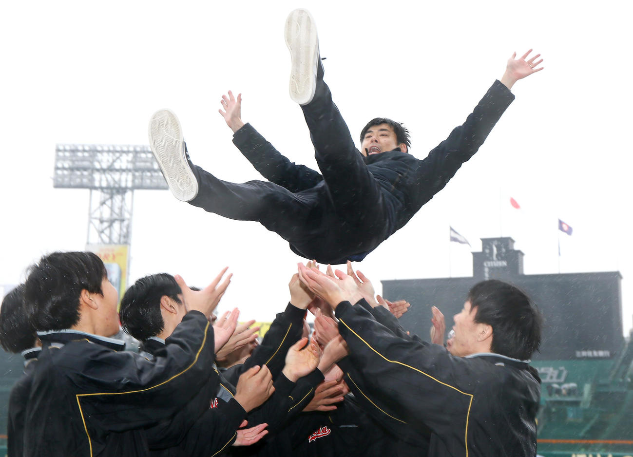 甲子園を訪れた能登地方加盟校・飯田高校の笛木監督を胴上げする部員たち（撮影・上山淳一）