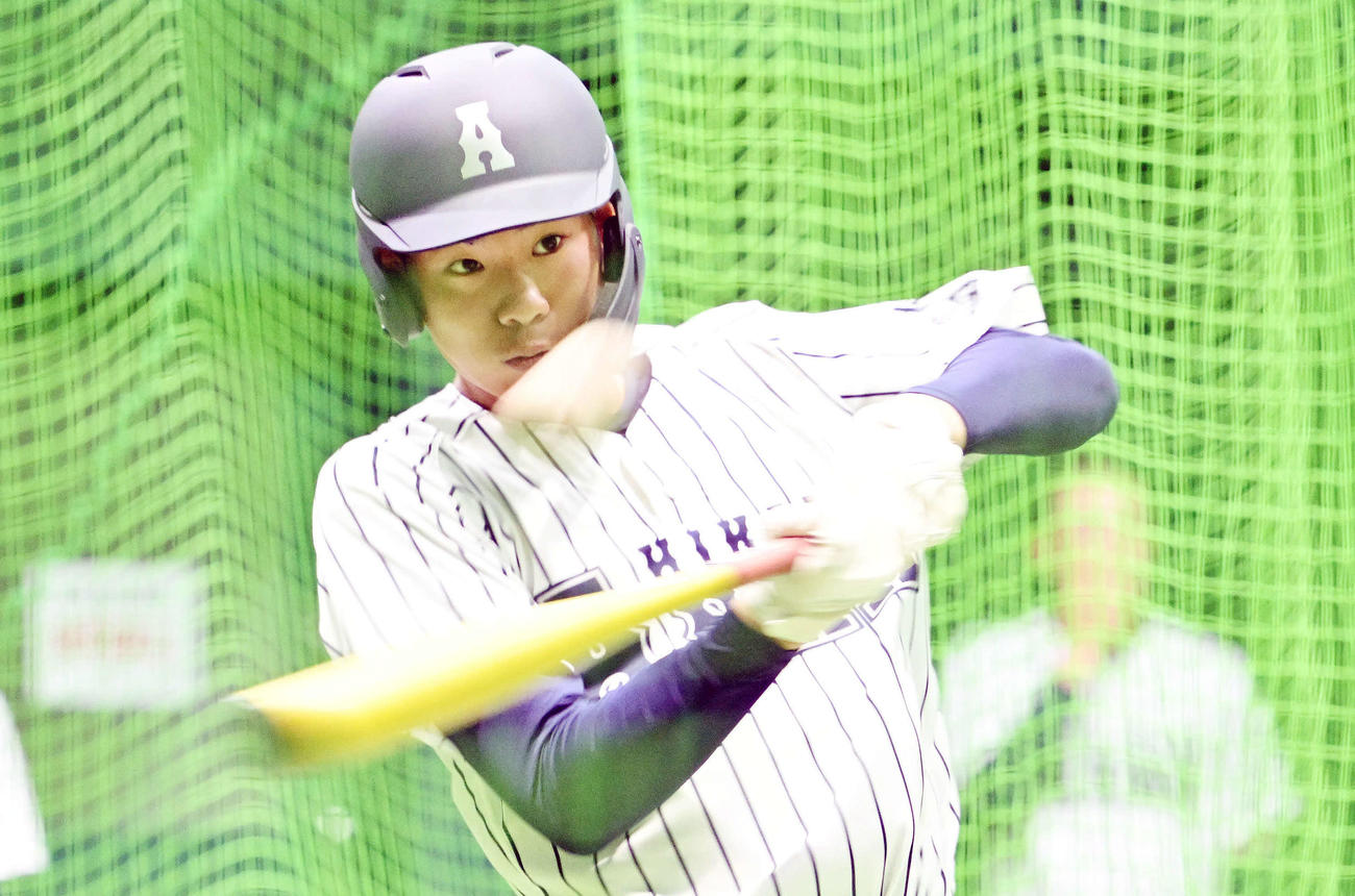 室内練習場で打撃練習する阿南光・井坂（撮影・滝沢徹郎）