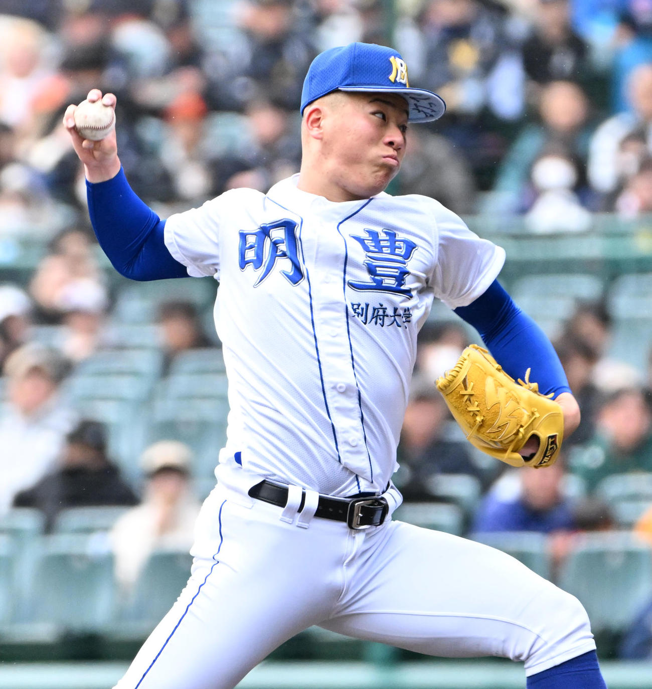 明豊対高崎健康福祉大高崎　明豊2番手の野田皇志（撮影・石井愛子）