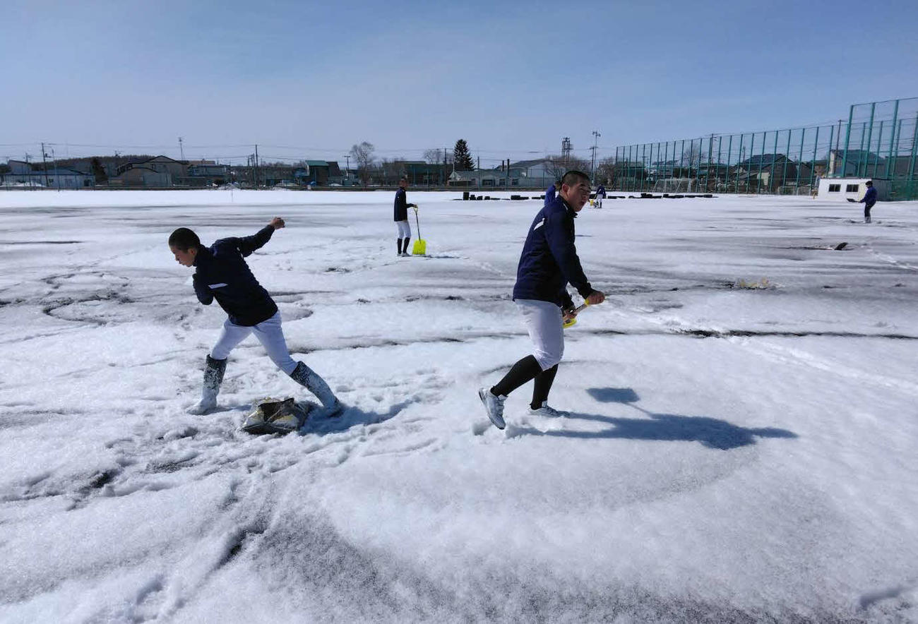 甲子園から戻り練習再開した別海はまずは融雪剤の散布から始動（野球部提供）