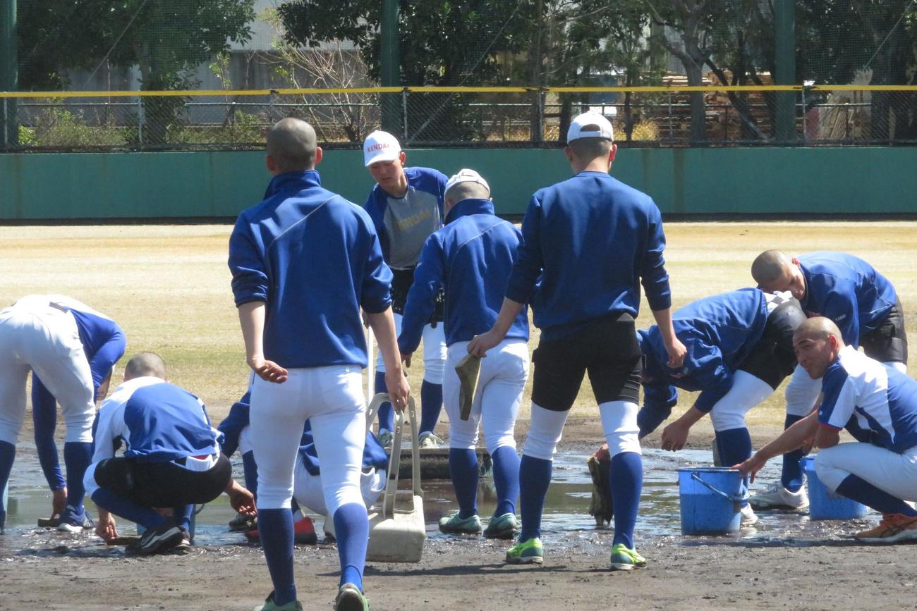 センバツ準決勝前日の練習をグラウンドの水抜きから始めた高崎健康福祉大高崎（撮影・金子真仁）