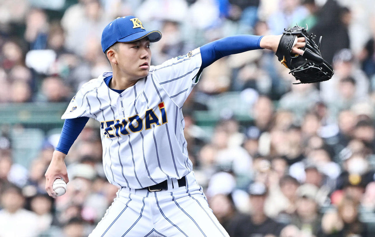 報徳学園対高崎健康福祉大高崎　高崎健康福祉大高崎先発の石垣（撮影・滝沢徹郎）