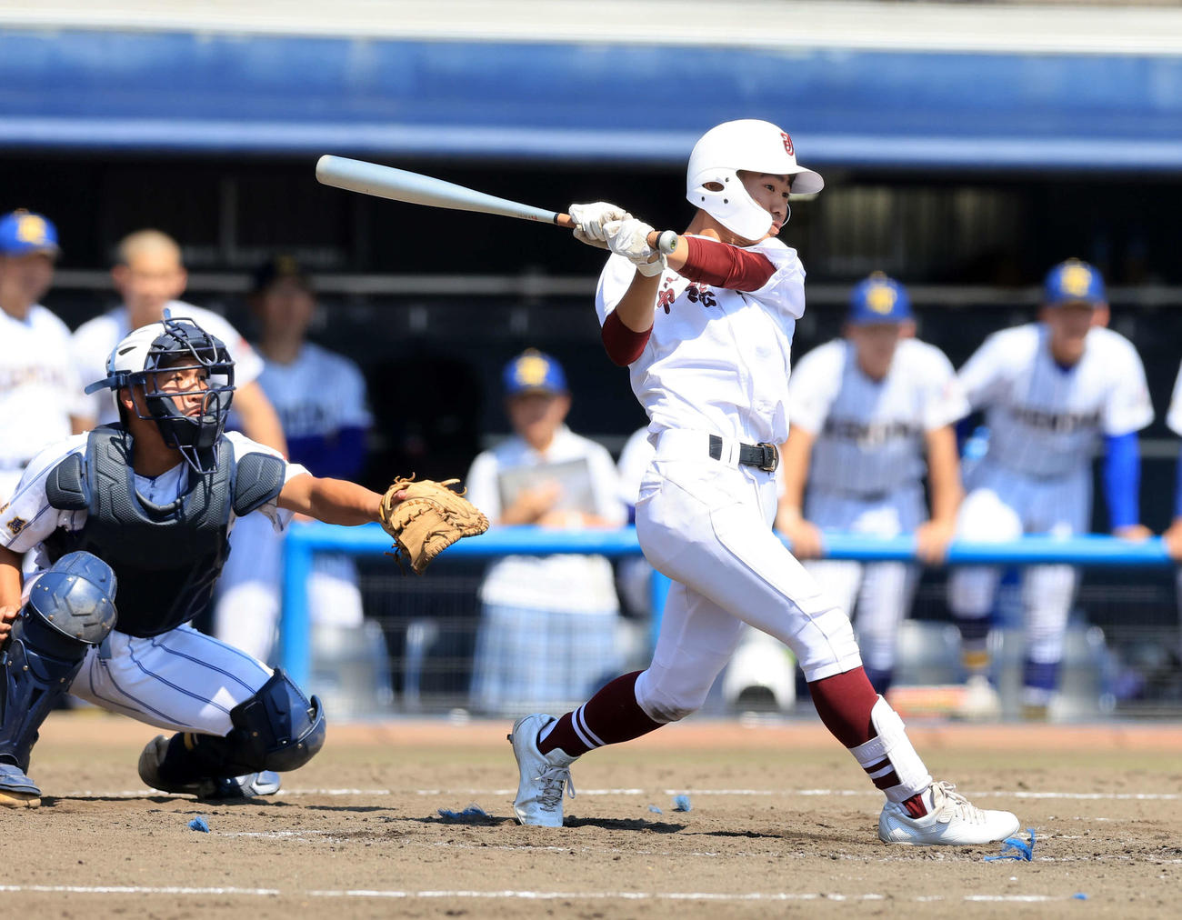 常総学院対健大高崎　3回表常総学院2死満塁、池田は2点適時打を放つ（撮影・浅見桂子）