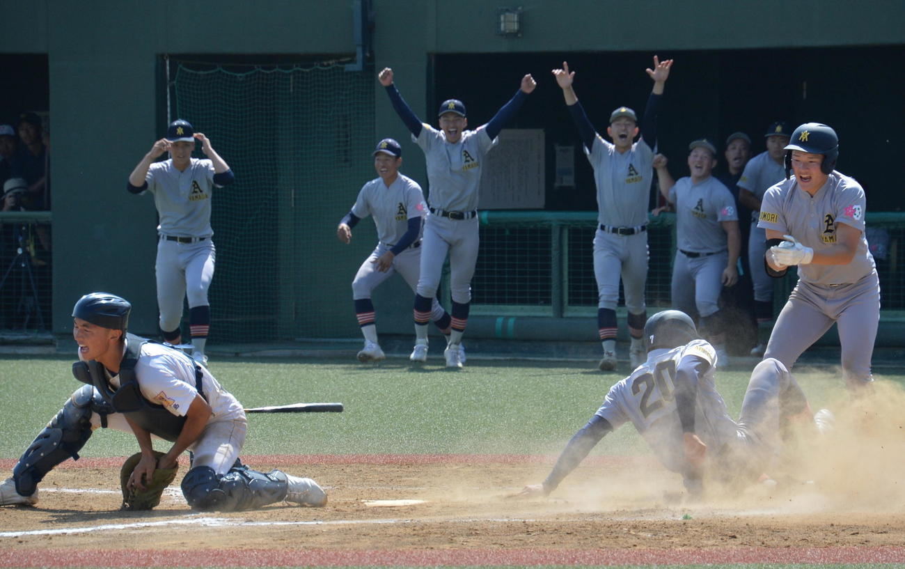 聖光学院対青森山田　9回裏青森山田1死二、三塁、橋場の中犠飛で三走の駒井が生還。サヨナラ勝ちに盛り上がる青森山田ベンチ（撮影・濱本神威）
