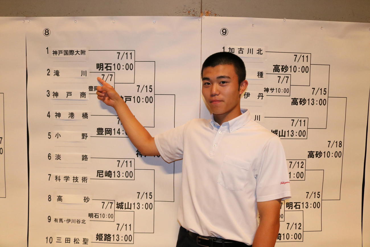 兵庫大会の抽選会に参加した滝川の中村俊瑛内野手（3年）が同校の名前が入った位置を指さす（撮影・林亮佑）＝2024年6月18日、明石市民会館