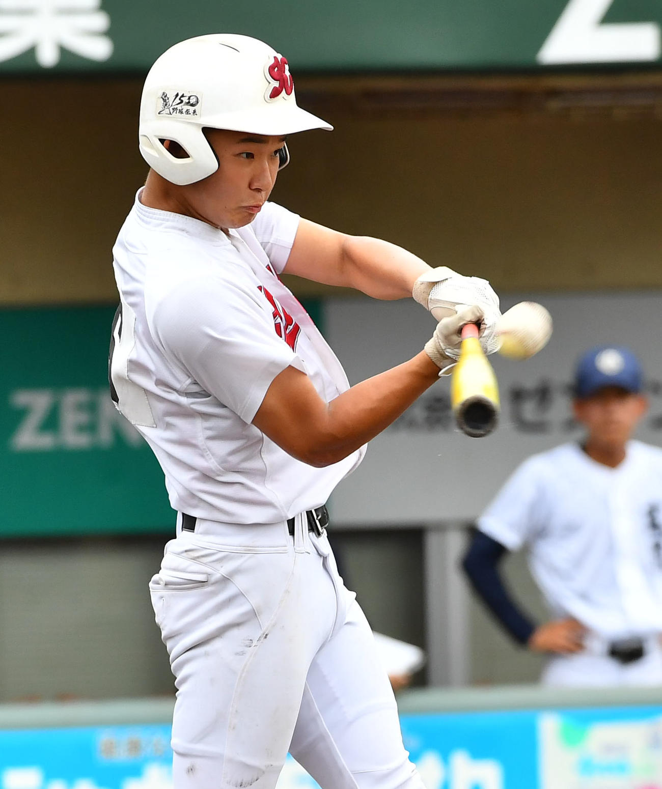 玄界対北九州　3回裏北九州無死二、三塁、宮崎は先制の中犠飛を放つ（撮影・岩下翔太）