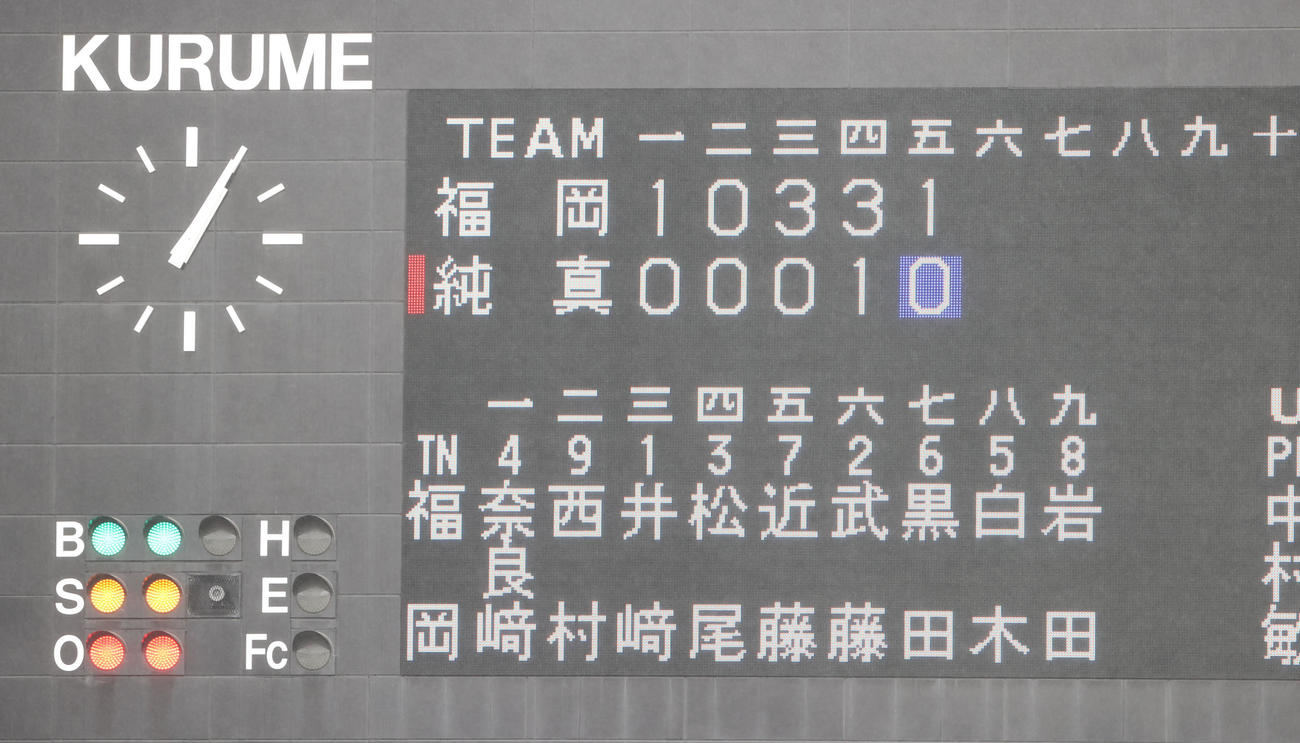 福岡対純真　試合中に激しい雨が降り継続試合となった福岡対純真（撮影・梅根麻紀）
