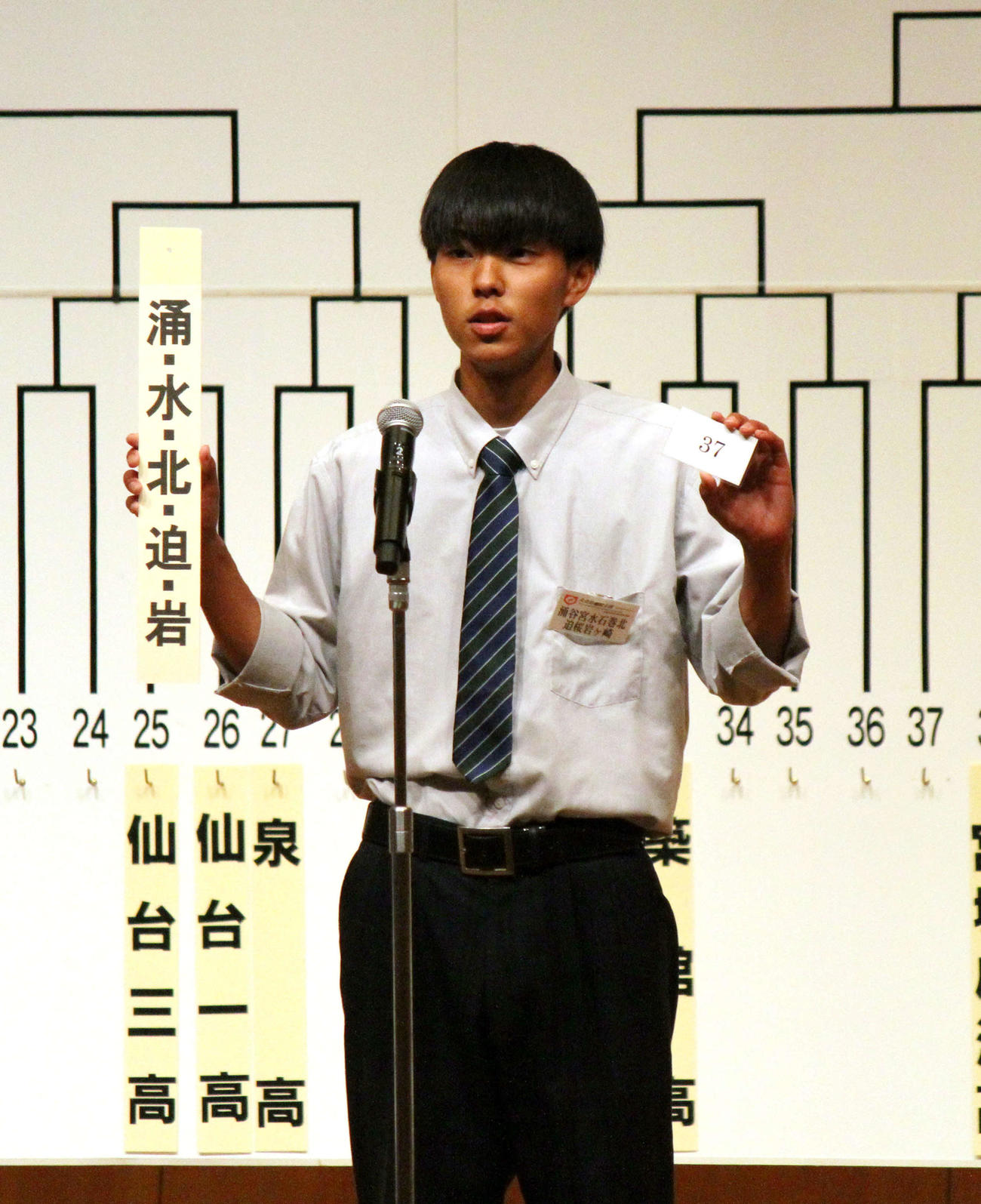 組み合わせ抽選会で番号を読み上げる東部、北部連合・阿部主将（撮影・木村有優）