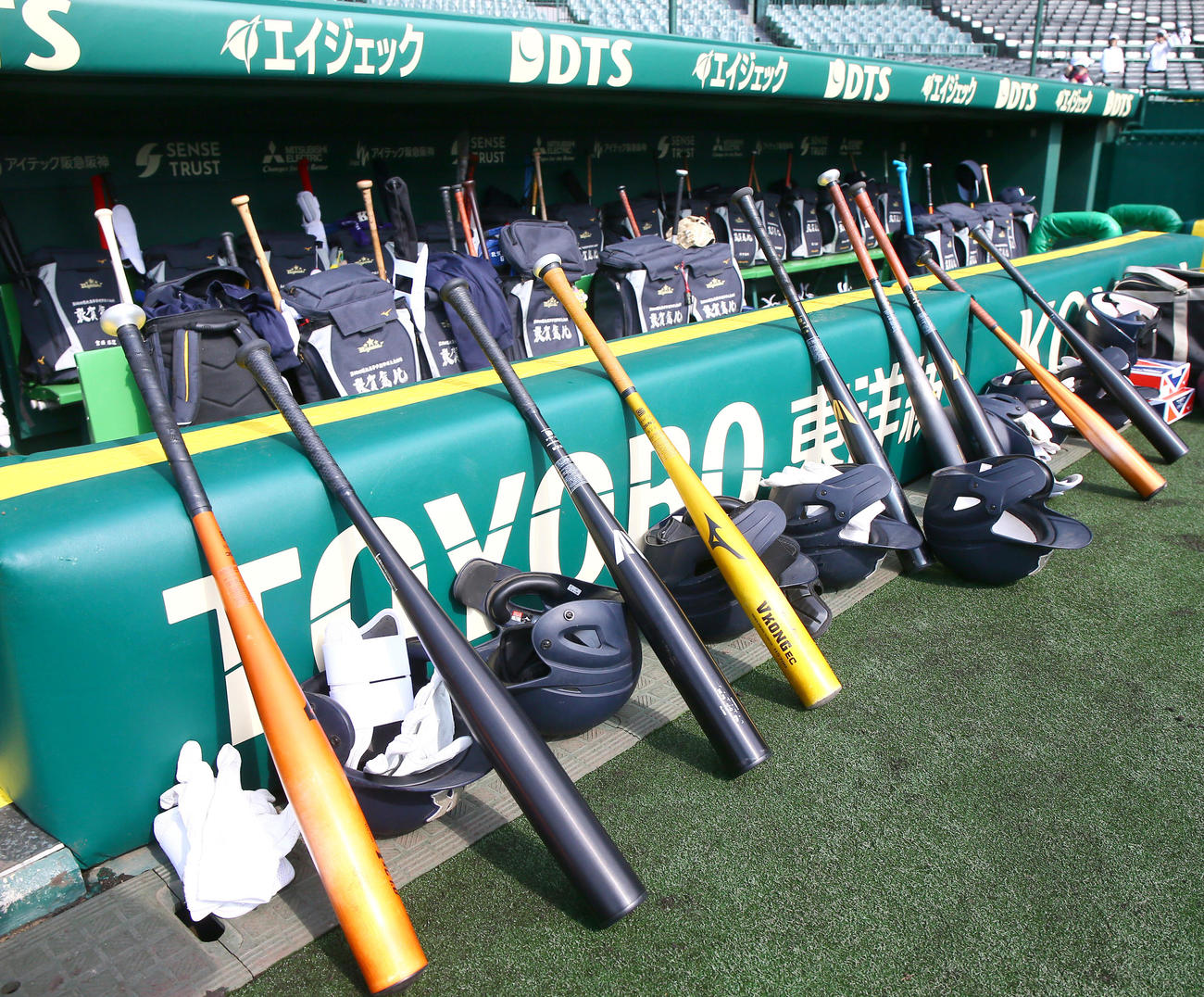 甲子園球場のベンチ前に並ぶ低反発バット（2024年3月13日撮影）