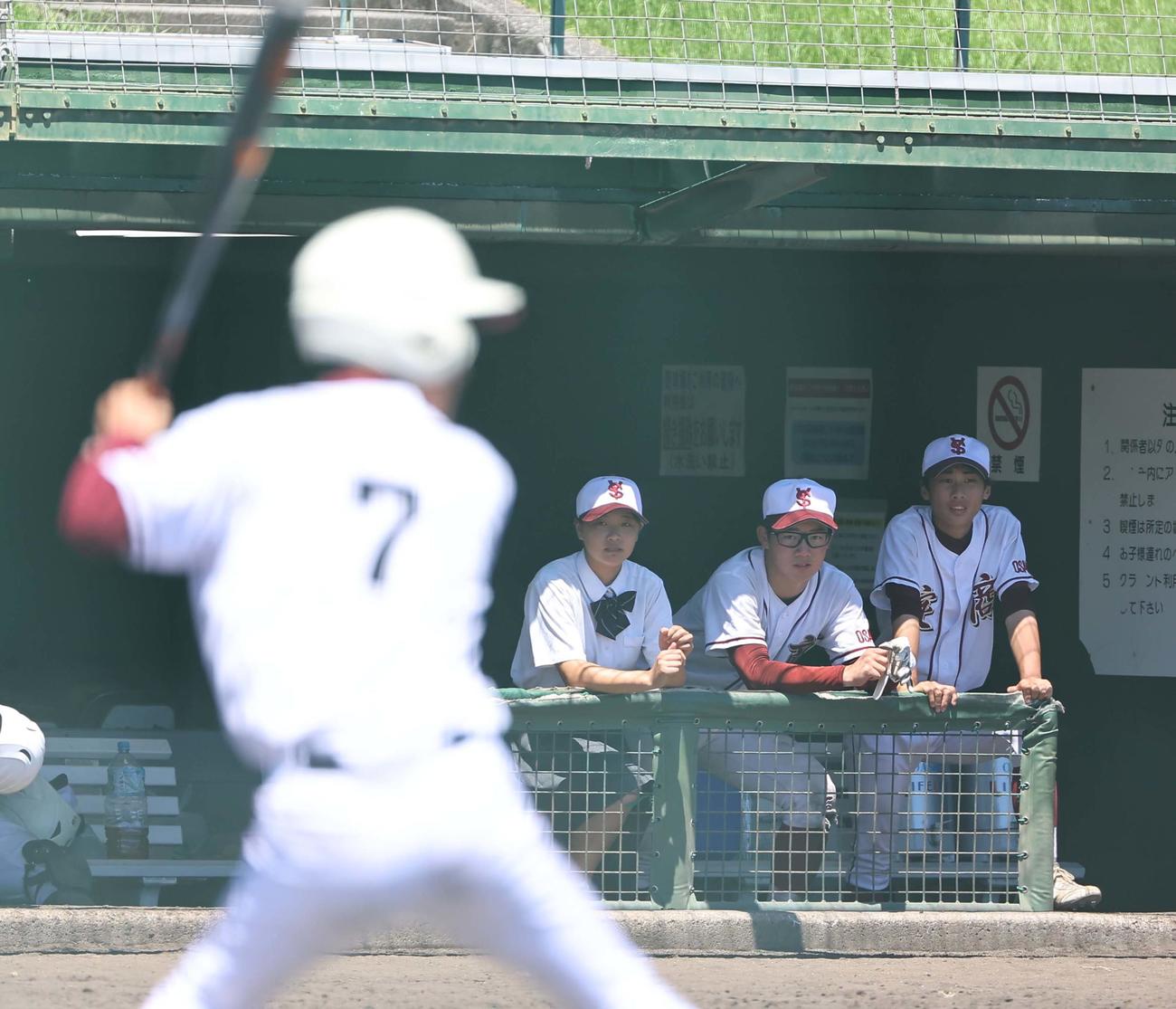 淀商・主将の永宮来夢さん（右から3人目）はベンチで戦況を見守る（撮影・上田博志）