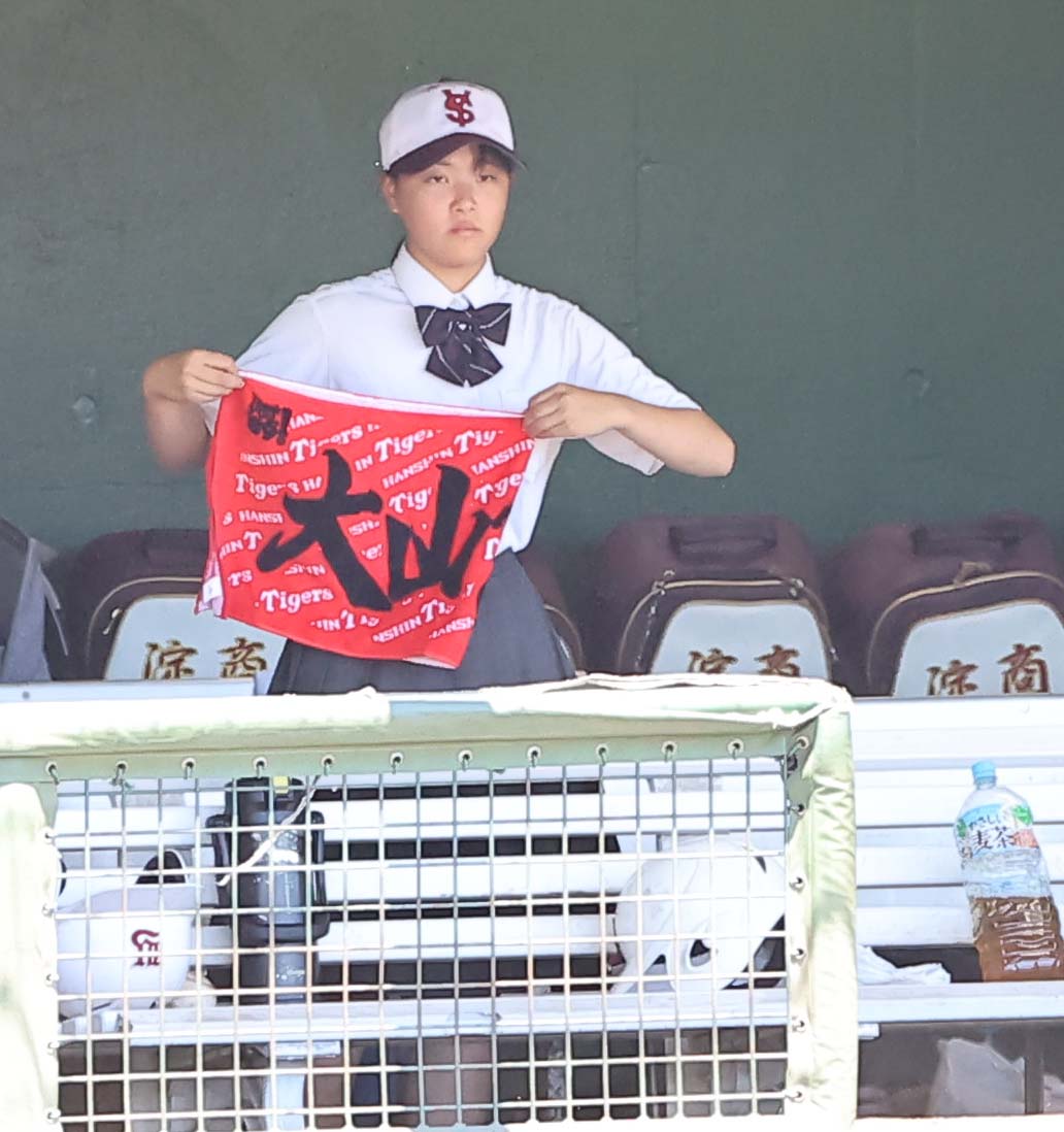 ベンチで阪神大山悠輔応援タオルを広げる淀商・主将の永宮来夢さん（撮影・上田博志）