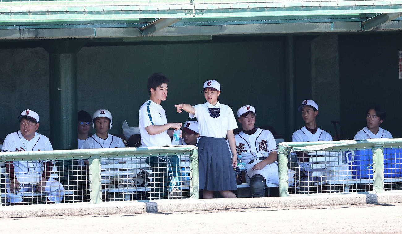 ベンチで指示を出す淀商・主将の永宮来夢さん（撮影・上田博志）