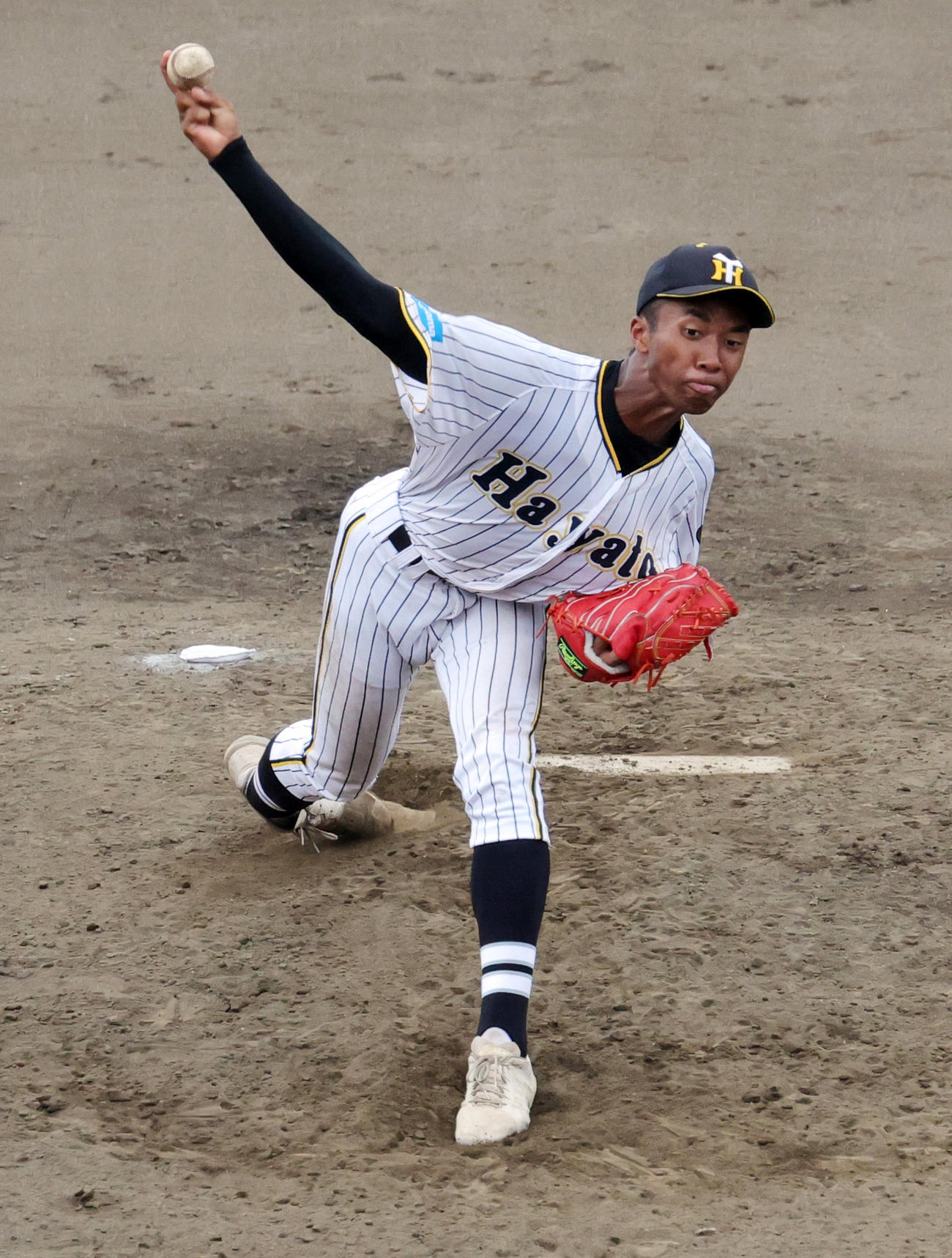 横浜隼人対鶴嶺　横浜隼人先発の沼井（撮影・野上伸悟）