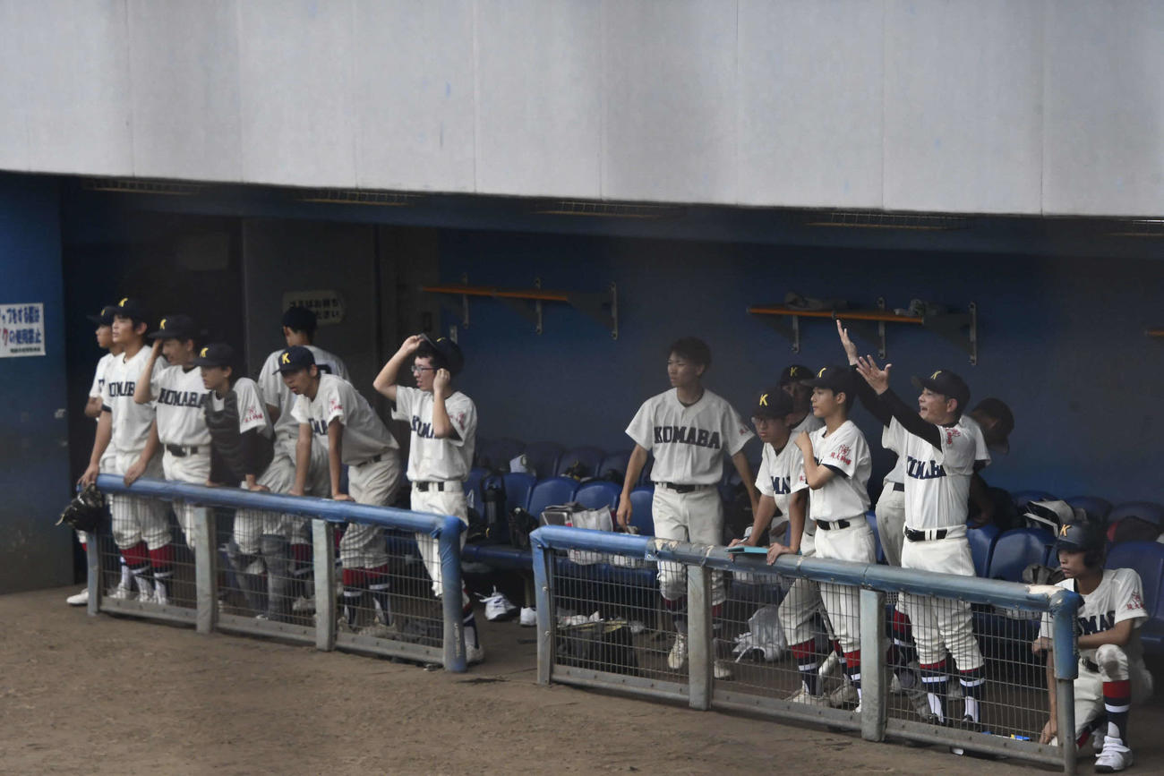 ベンチで盛り上がりを見せる筑波大駒場の選手たち（撮影・平山連）