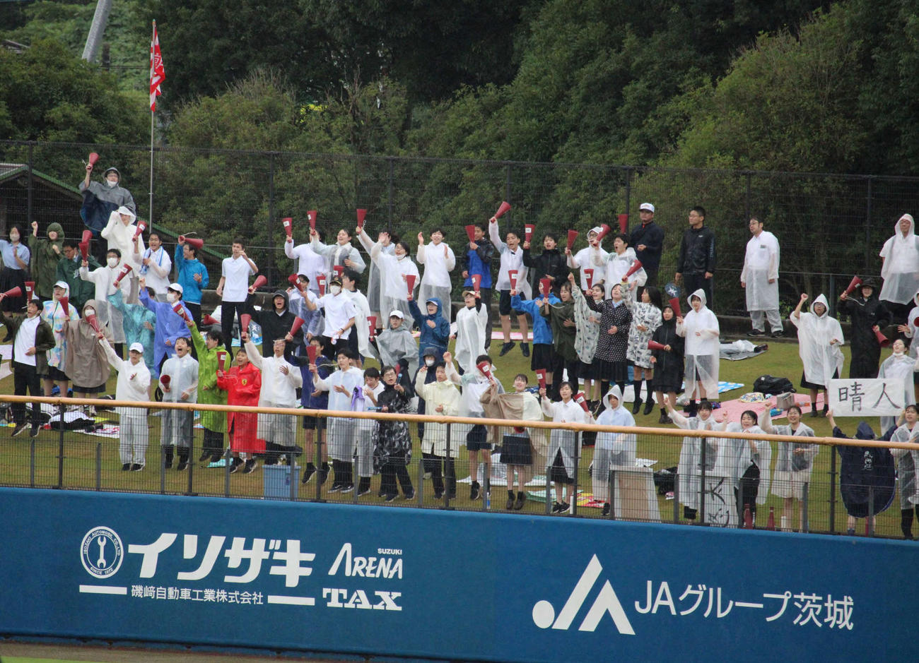 一塁側スタンドでは埋まりきらず右翼芝生席で水戸一を応援する生徒たち（撮影・金子真仁）