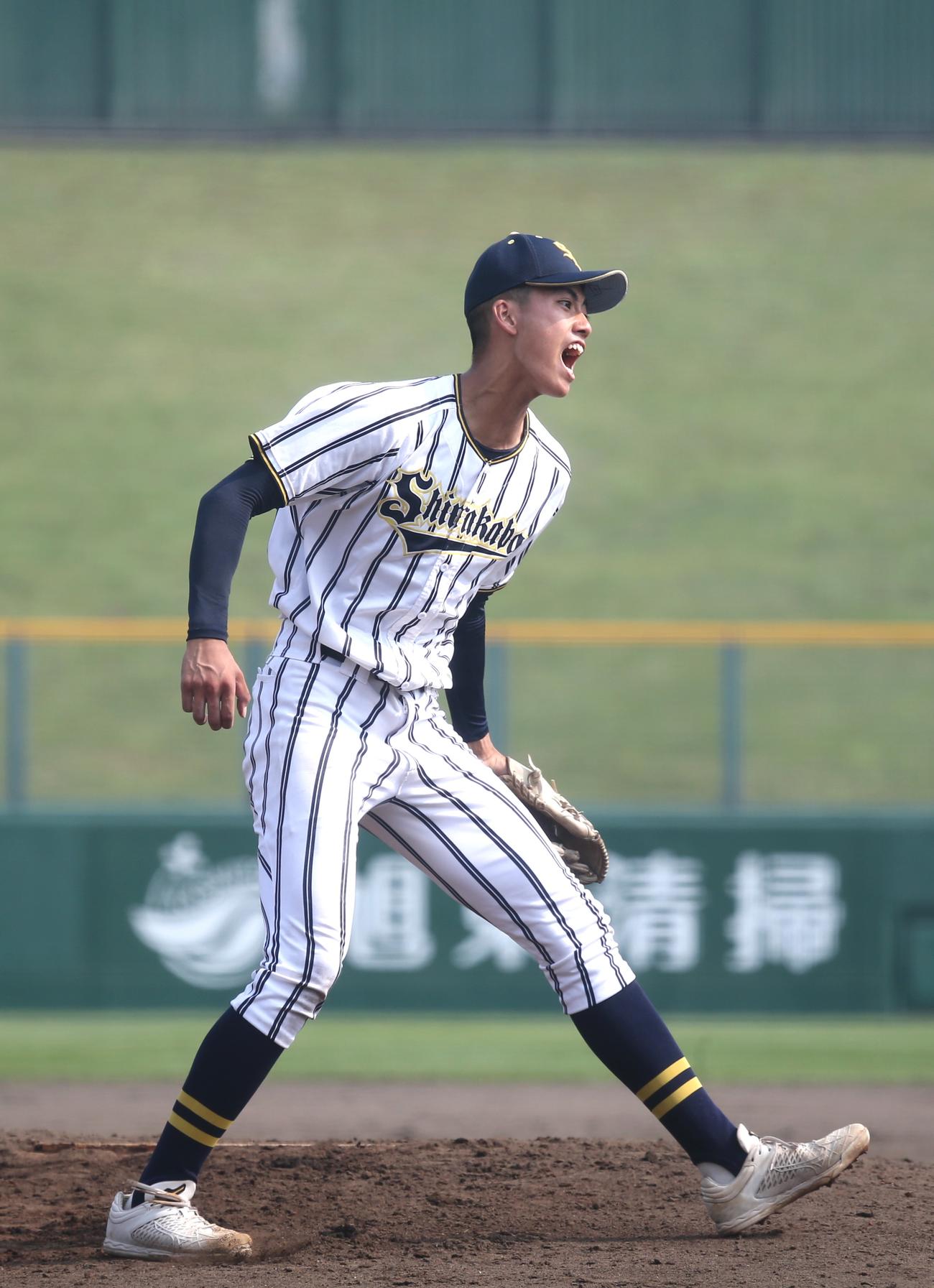 白樺学園対遠軽　白樺学園の半沢は9回に10個目の三振を奪い、雄たけびをあげる（撮影・中島洋尚）