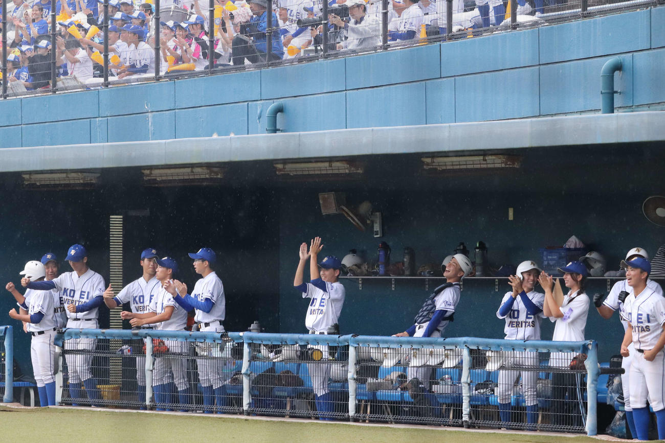 エース早川純暉の好投に沸くベンチ（撮影・保坂淑子）