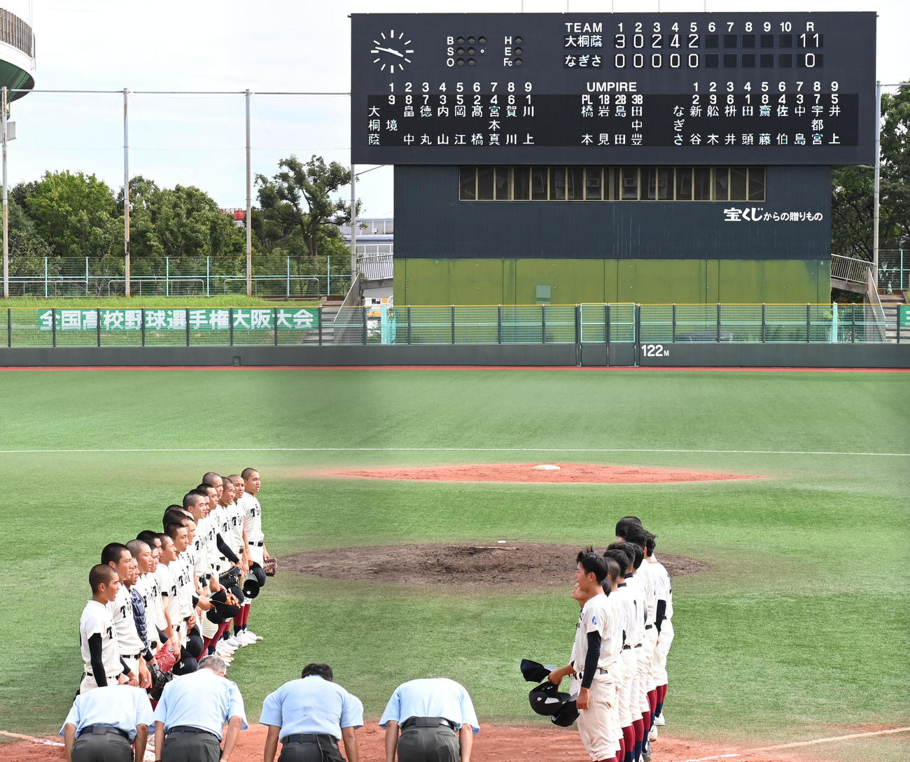 大阪桐蔭対枚方なぎさ　2試合連続コールド勝ちを果たし整列する大阪桐蔭ナイン（左）（撮影・石井愛子）