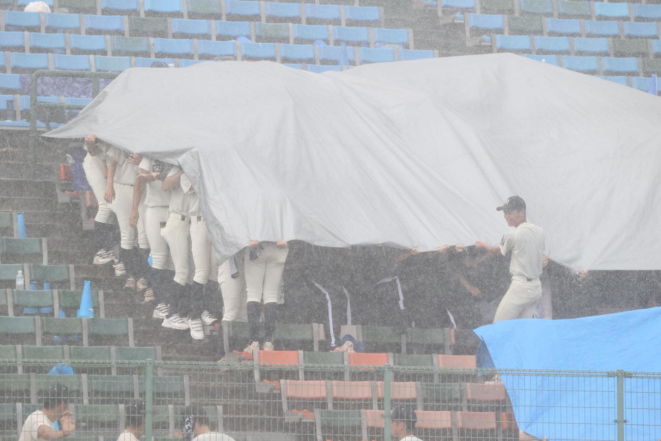 東海大福岡対西日本短大付　激しい雨でシートをかぶる西日本短付ナインと吹奏楽部（撮影・梅根麻紀）