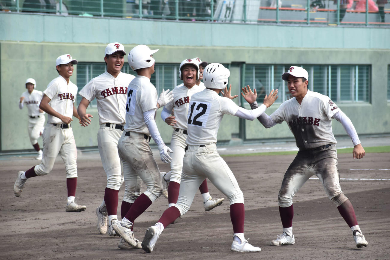 新宮・新翔対田辺　延長10回裏にサヨナラ勝ちを決め、喜ぶ田辺ナイン（撮影・古財稜明）