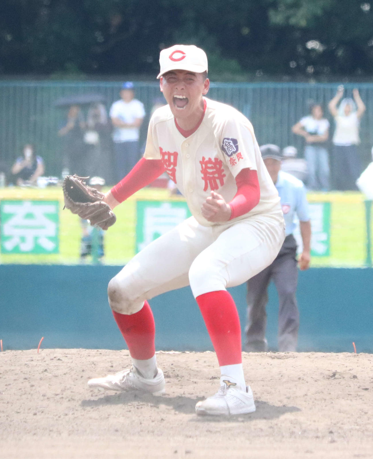 奈良大付対智弁学園　勝利の瞬間にマウンドで喜ぶ智弁学園・田近（撮影・塚本光）