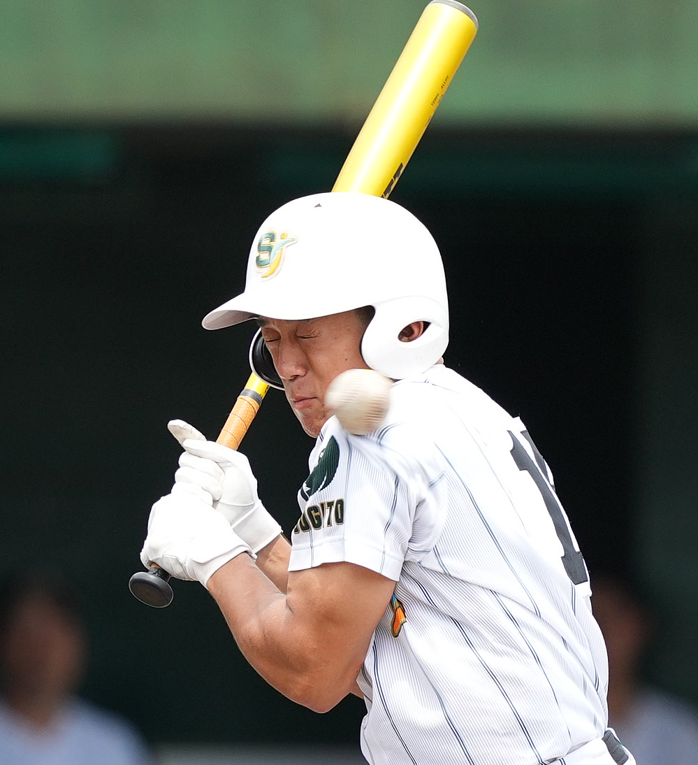 花咲徳栄対昌平　8回裏昌平無死、死球を受ける代打・畑田（撮影・菅敏）