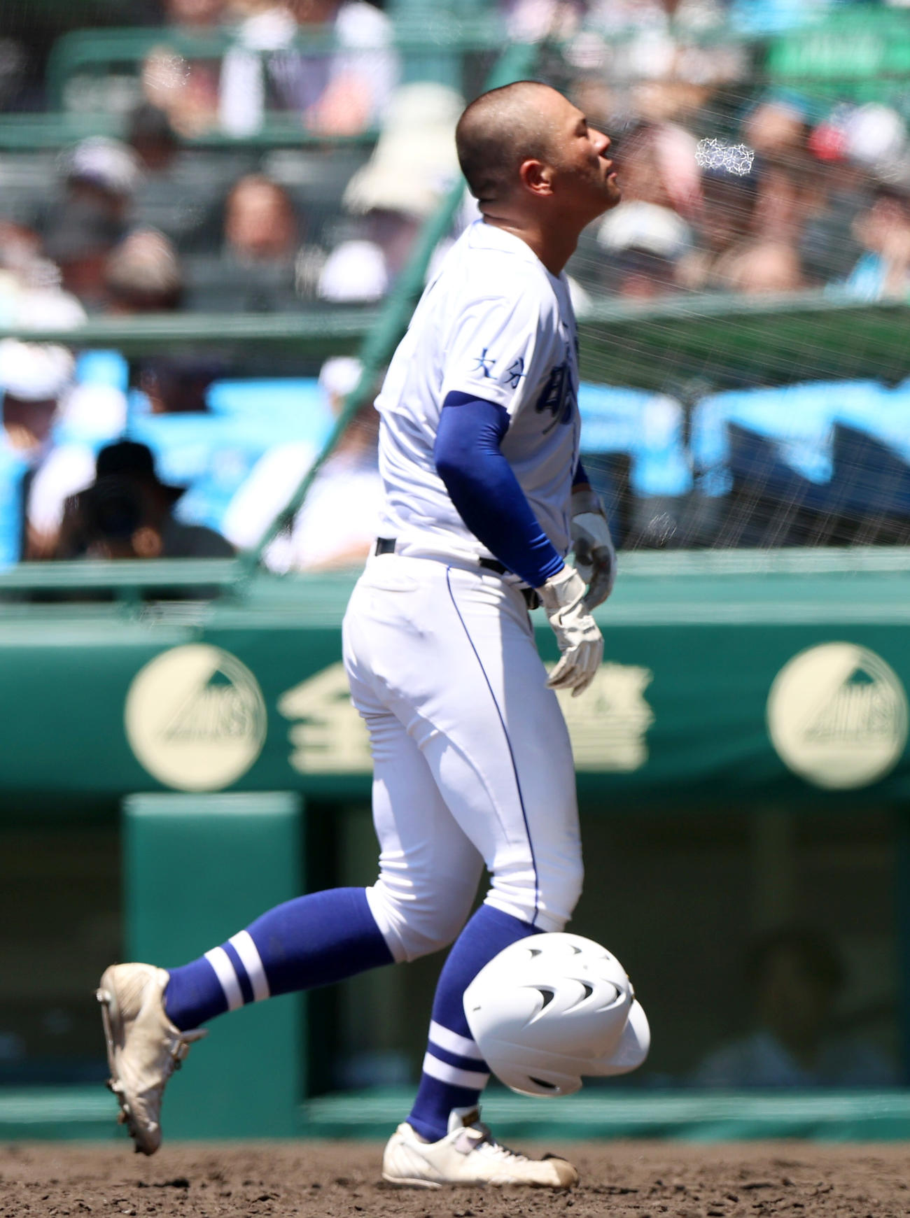 小松大谷対明豊　4回裏明豊1死、野田皇志は死球を受け痛がる（撮影・上山淳一）