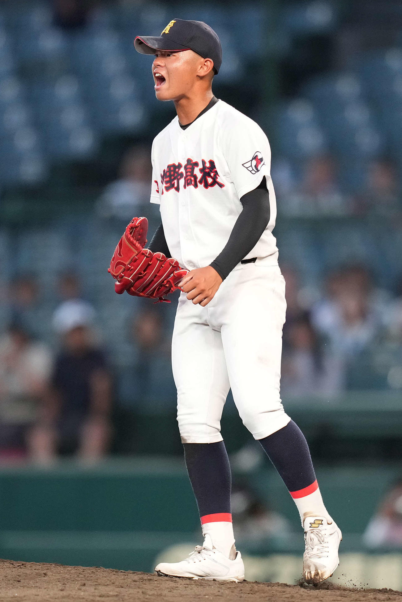 菰野対南陽工　9回裏南陽工1死、佐伯を空振り三振に仕留め、ほえる菰野・栄田（撮影・鈴木みどり）