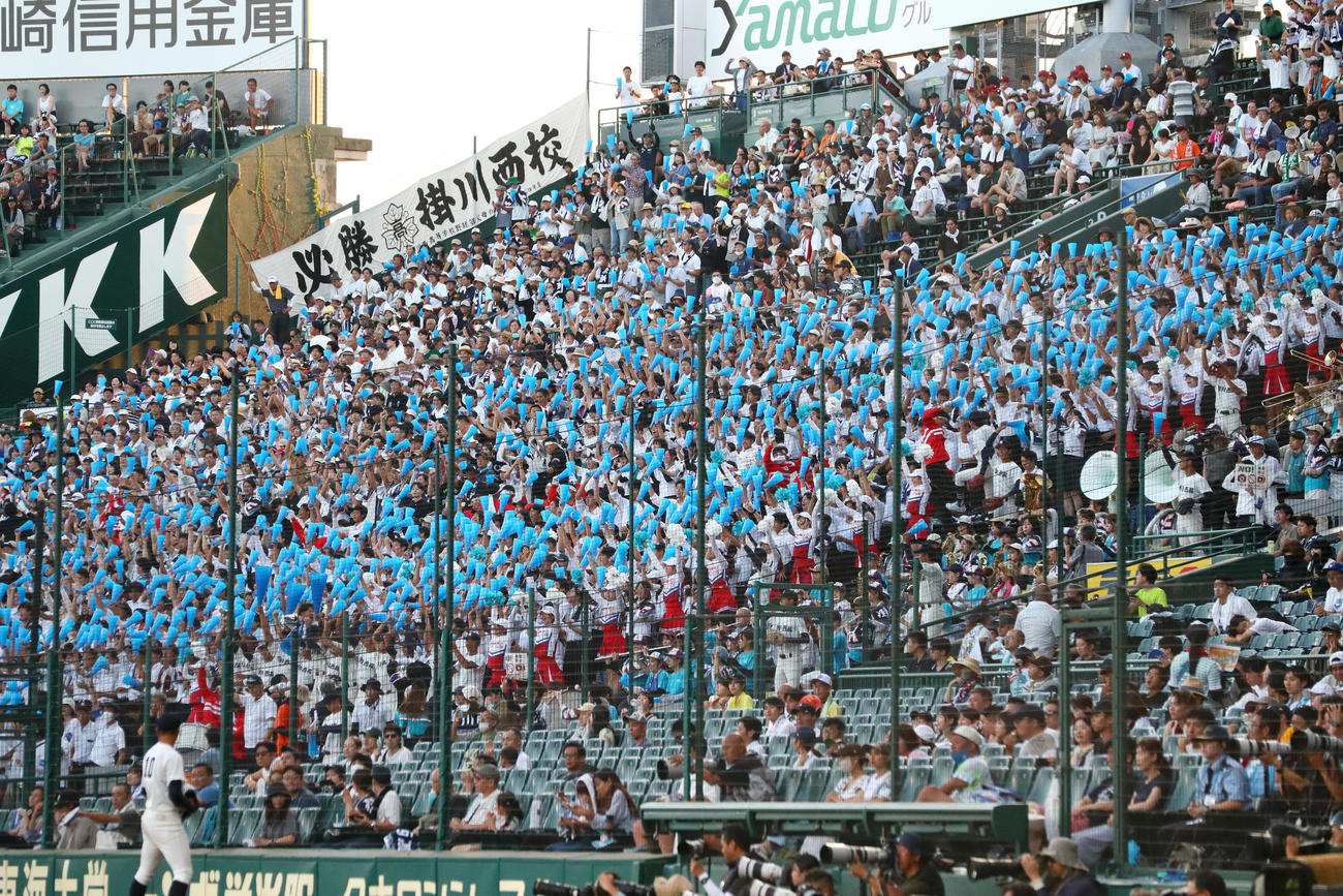 掛川西対日本航空　グラウンドの選手らに声援を送るアルプスの応援団（撮影・上山淳一）