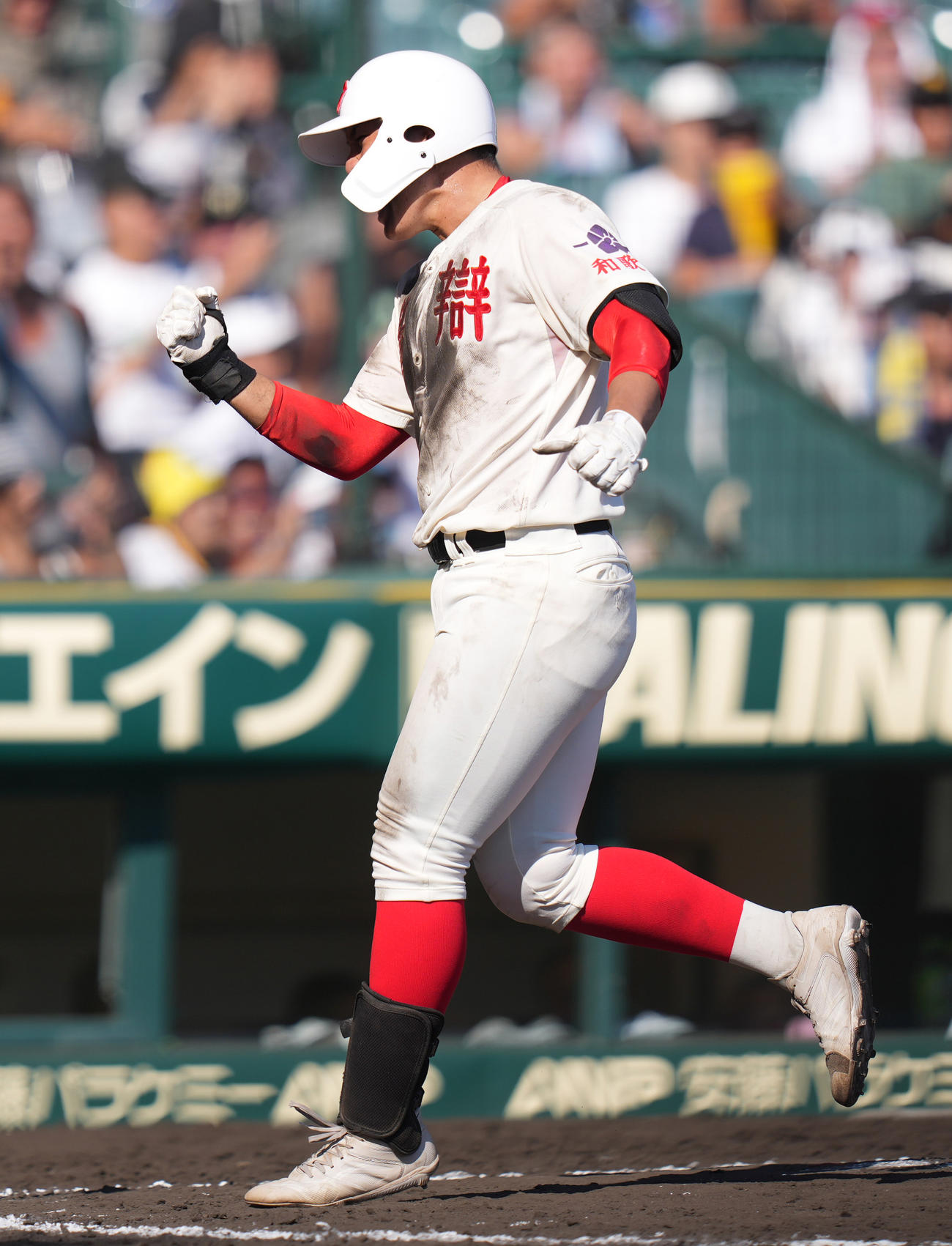 霞ケ浦対智弁和歌山　8回裏智弁和歌山2死、左越え2点ソロ本塁打を放った花田は生還しガッツポーズ（撮影・鈴木みどり）