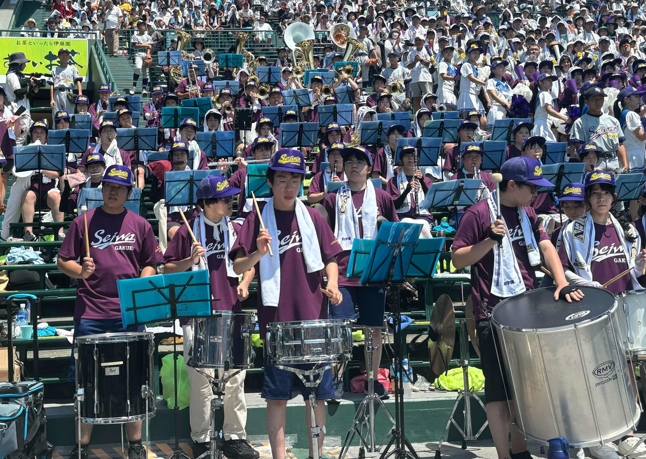 石橋対聖和学園　三塁アルプスで演奏する聖和学園と東北学院榴ケ岡の吹奏楽部員ら（撮影・塚本光）