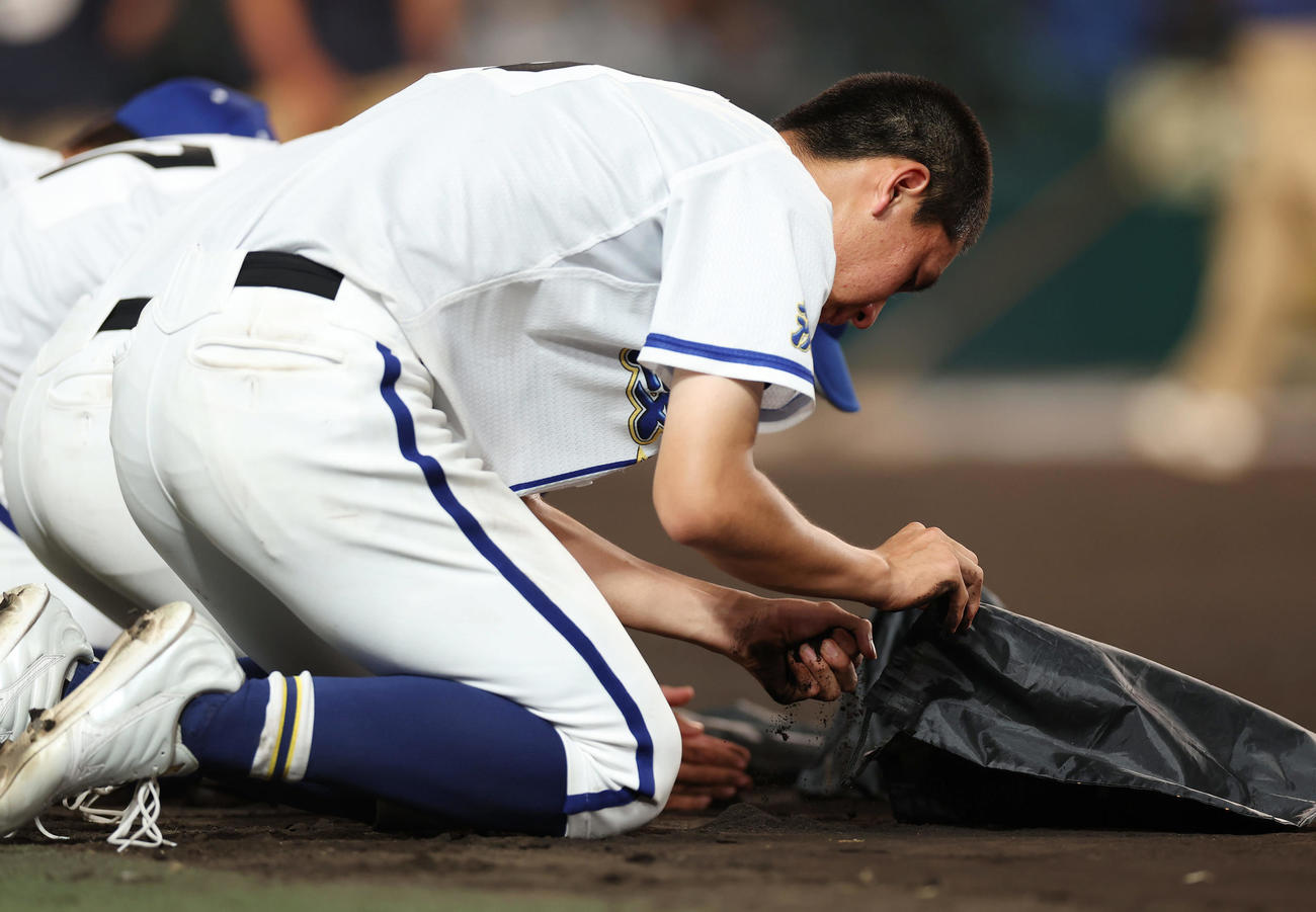 滋賀学園対霞ケ浦　滋賀学園に敗れ、甲子園球場の土を集める霞ケ浦の選手たち（撮影・前田充）