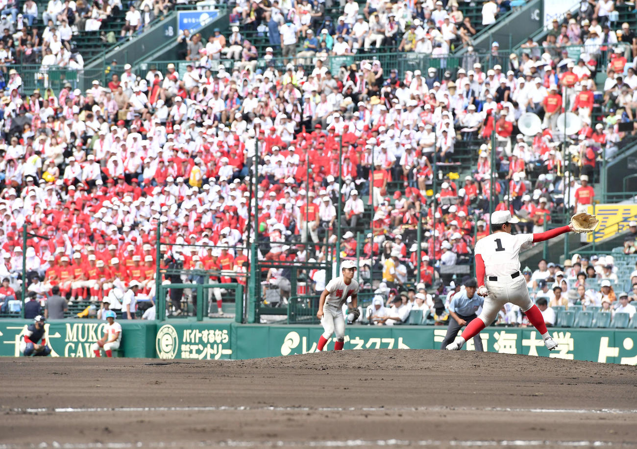 智弁学園対小松大谷　応援団を背に力投する智弁学園先発の田近（撮影・岩下翔太）