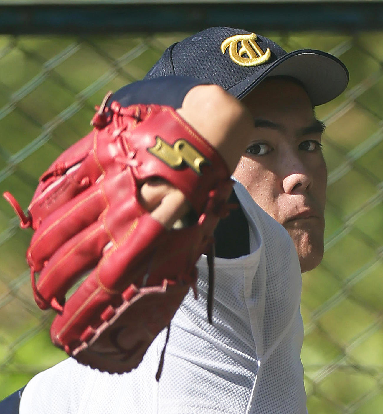 ブルペンで投球練習する東海大相模・藤田（撮影・足立雅史）