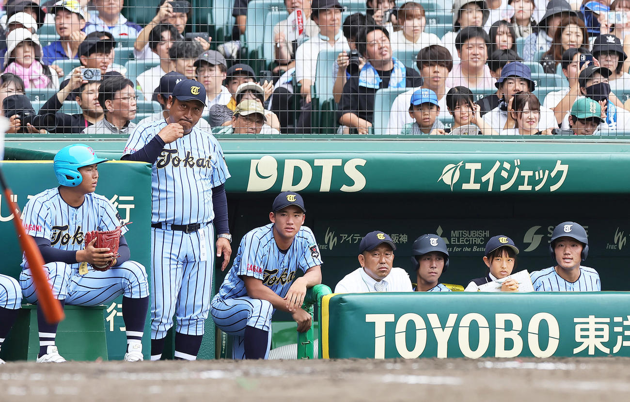 関東第一対東海大相模　戦況を見つめる東海大相模・原監督（左から2人目）（撮影・足立雅史）