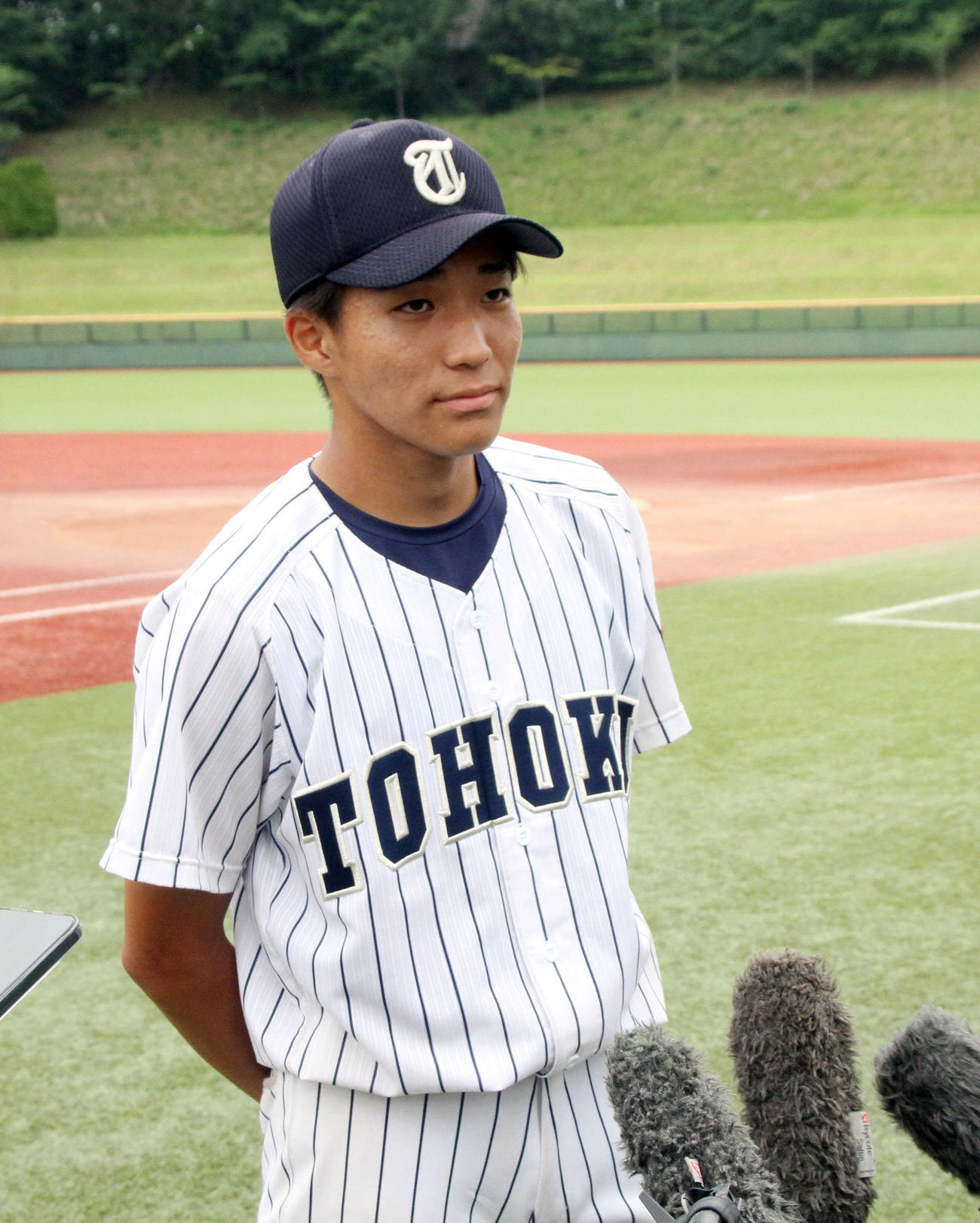 慶応との甲子園再会を誓った東北・大場主将（撮影・木村有優）