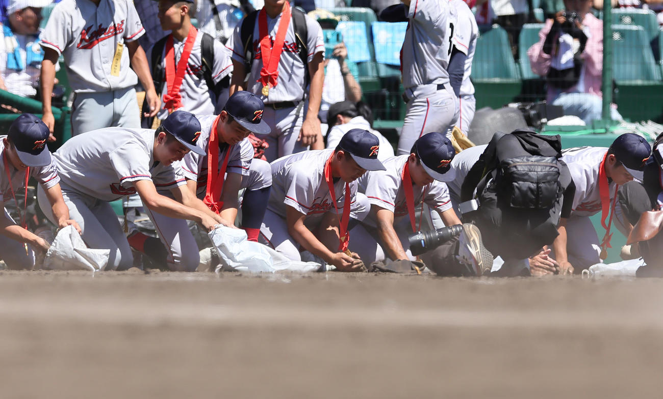 京都国際対関東第一　優勝し、甲子園の土を拾う京都国際の選手たち（撮影・足立雅史）