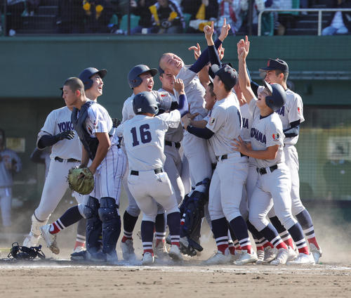健大高崎対横浜　タイブレークの10回裏、サヨナラ勝ちで優勝を決め喜ぶ横浜の選手たち。手前はがっくりする健大高崎・小堀（撮影・野上伸悟）