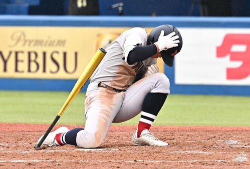 明徳義塾対横浜　8回裏横浜無死一塁、頭部に死球を受ける奥村凌（撮影・滝沢徹郎）
