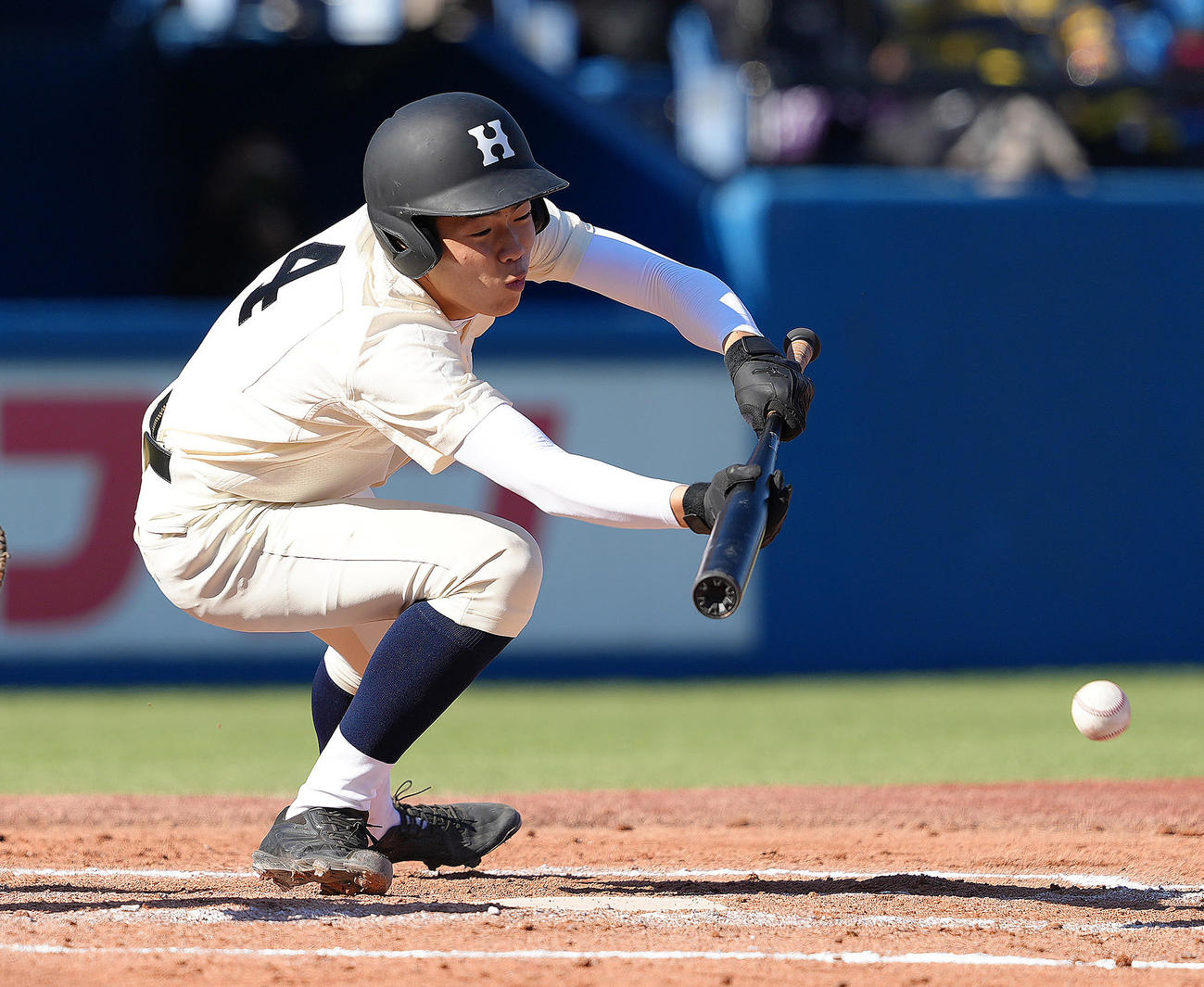 広島商対東海大札幌　2回表広島商1死三塁、小田はスクイズを決める（撮影・足立雅史）