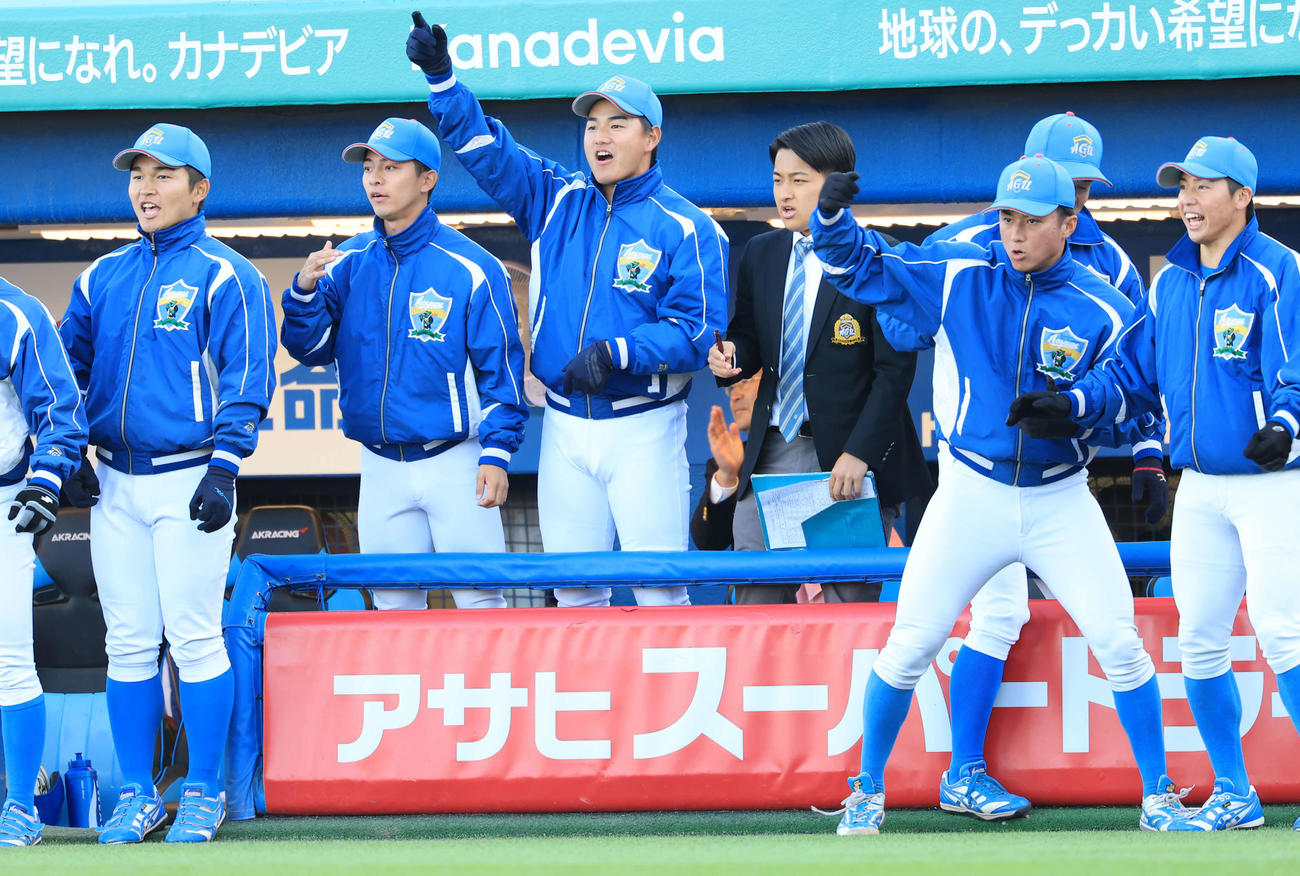 青学大対創価大　3回表青学大無死一塁、青山が中越え適時三塁打を放ち雄たけびを上げ喜ぶ西川（中央）、佐々木（右から2人目）ら（撮影・浅見桂子）