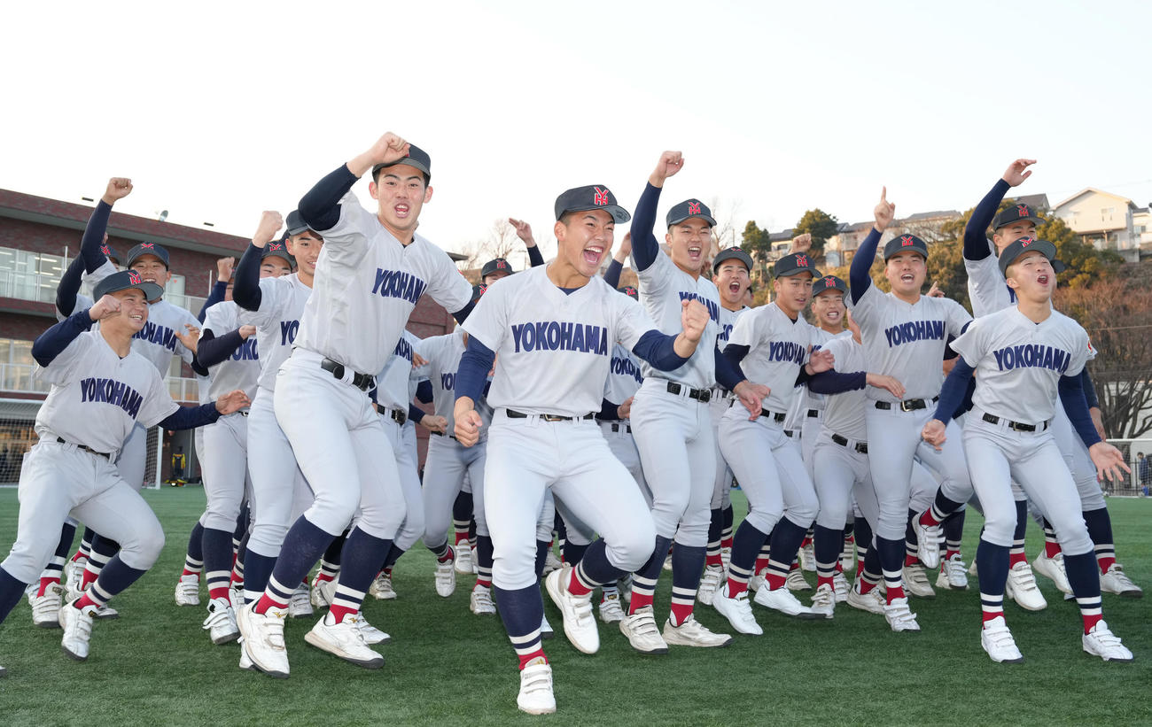 センバツ出場が決まり喜ぶ横浜の選手たち（撮影・足立雅史）