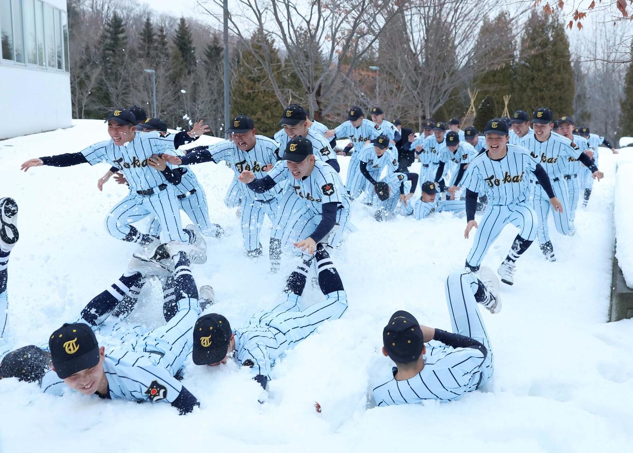 センバツ出場を決め雪道を笑顔で駆ける東海大札幌ナイン（撮影・黒川智章）