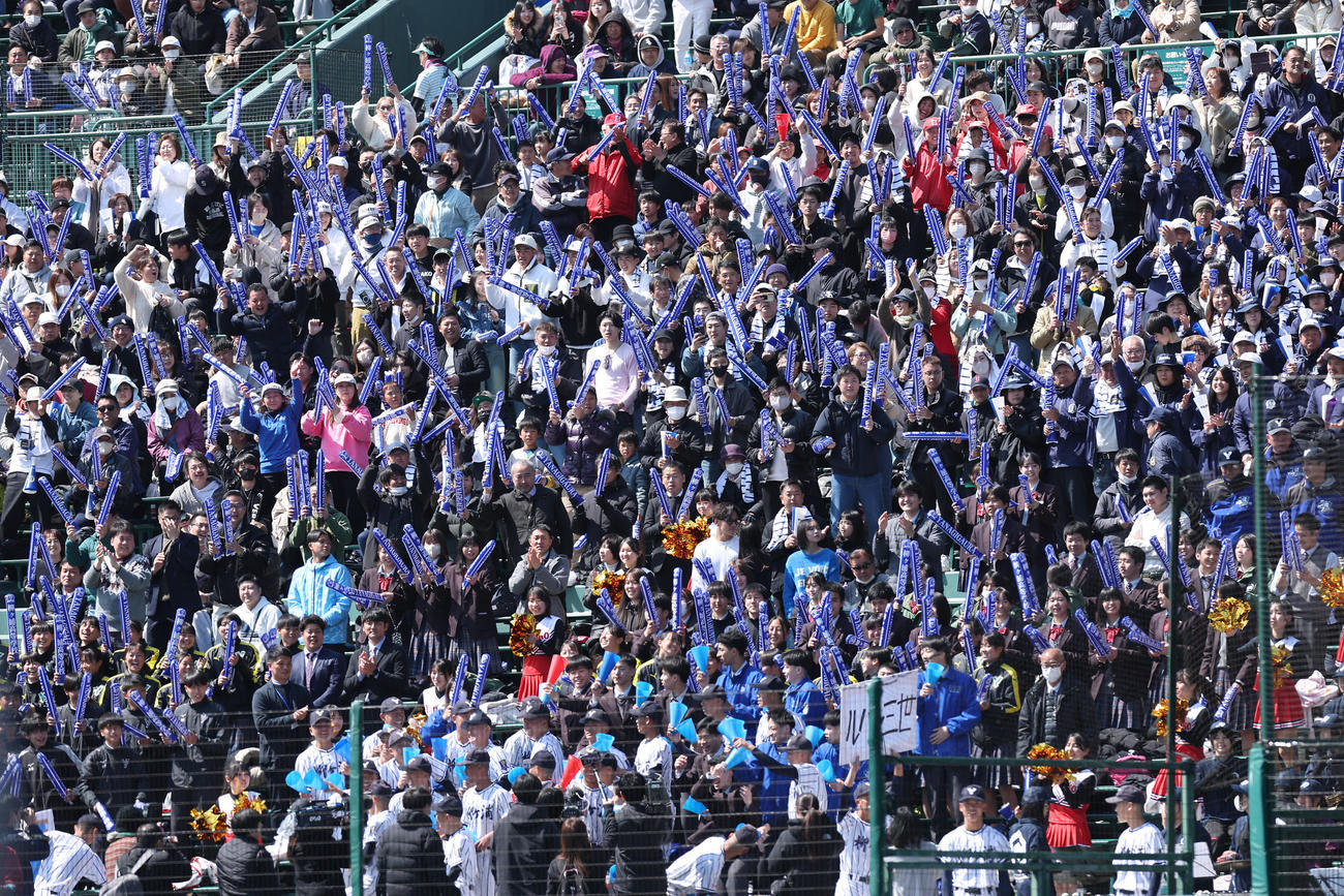 柳ヶ浦対二松学舎大付　5回表、相手のエラーで同点に追いつき、喜ぶ柳ヶ浦の応援団（撮影・前田充）