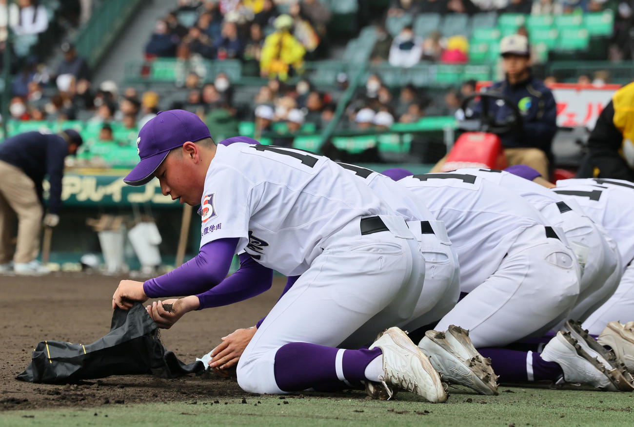 滋賀短大付対敦賀気比　敦賀気比に敗れ土を拾う中井ら滋賀短大付ナイン（撮影・藤尾明華）