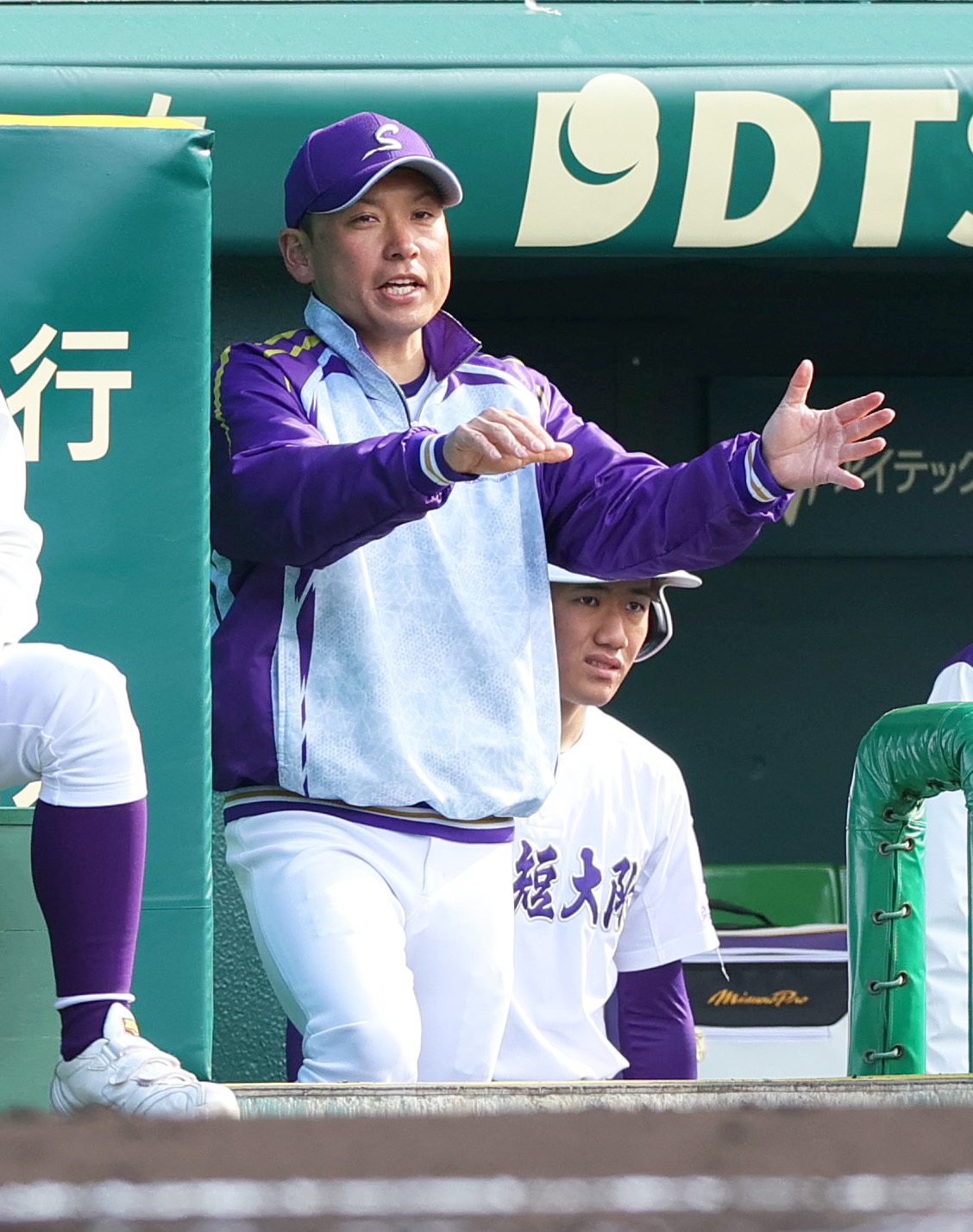 滋賀短大付対敦賀気比　ベンチから指示を出す滋賀短大付・保木監督（撮影・上山淳一）