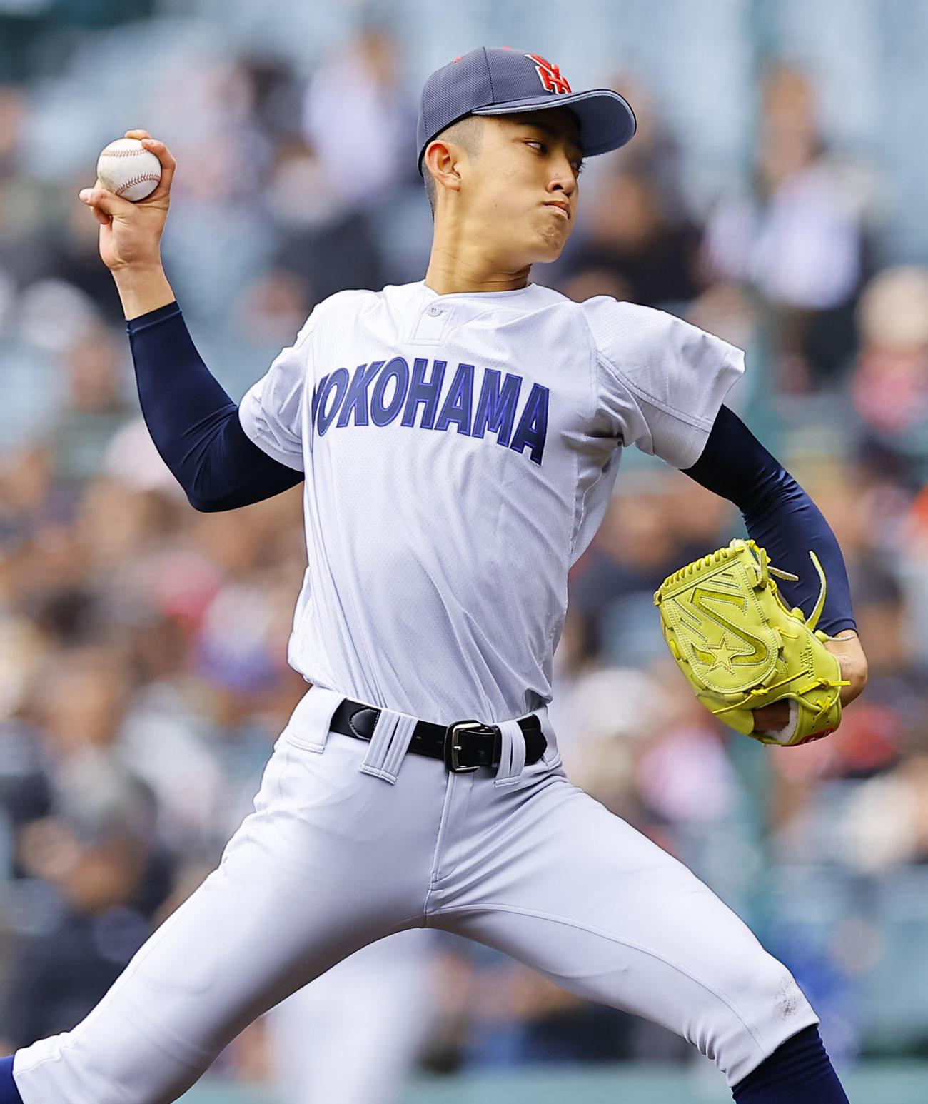 横浜対市和歌山　横浜先発の織田（撮影・藤尾明華）