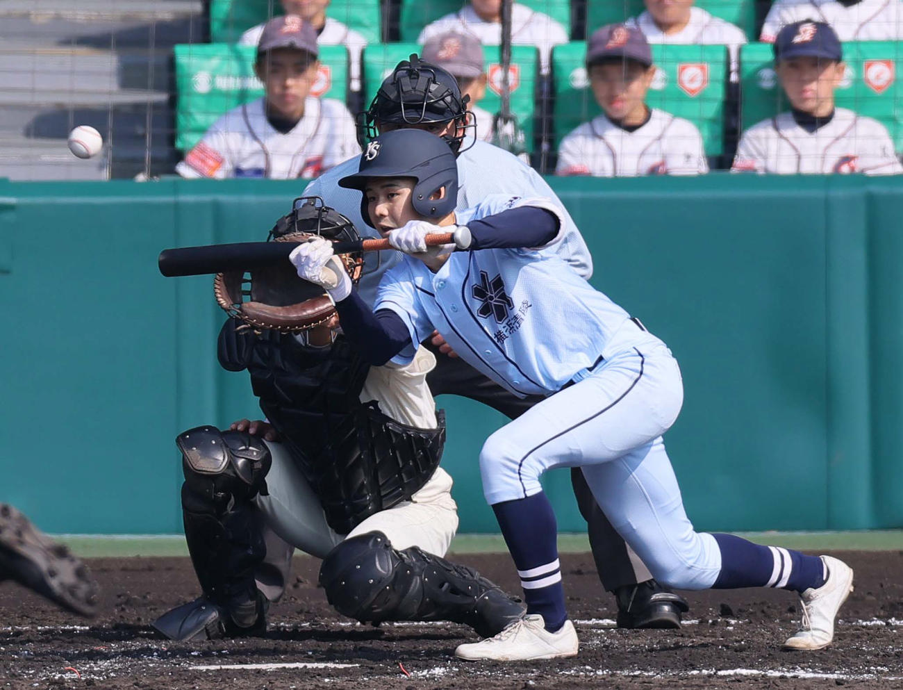 横浜青陵対広島商　3回表横浜青陵1死一、三塁、スクイズを決める長谷川（撮影・上田博志）