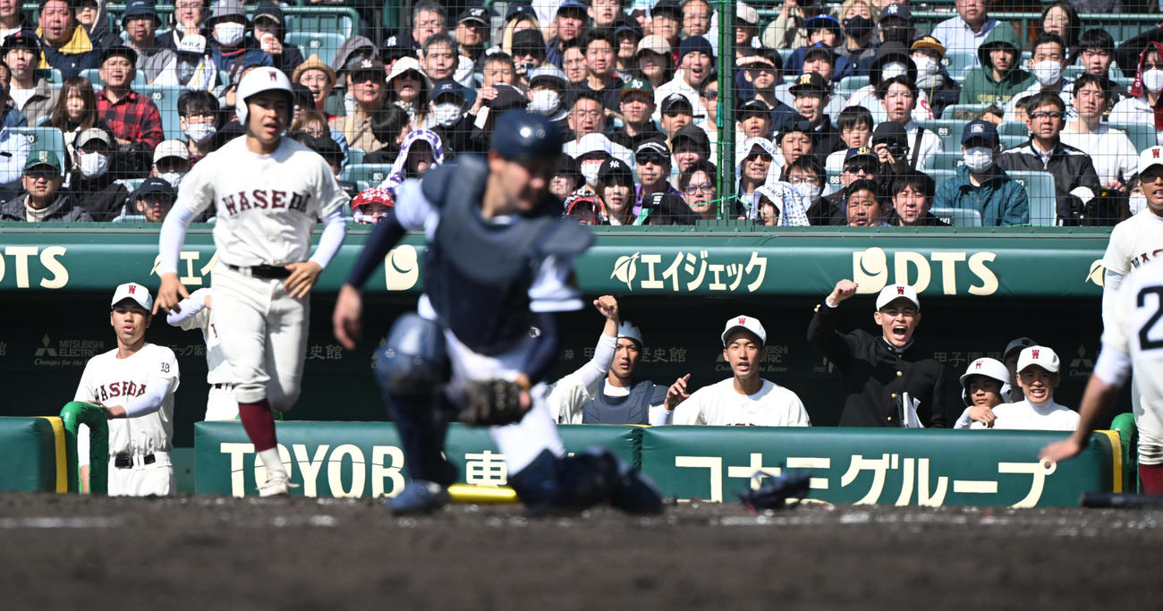 早実対高松商　5回表早実2死二塁、中村の適時打に喜ぶ早実ナイン（撮影・和賀正仁）