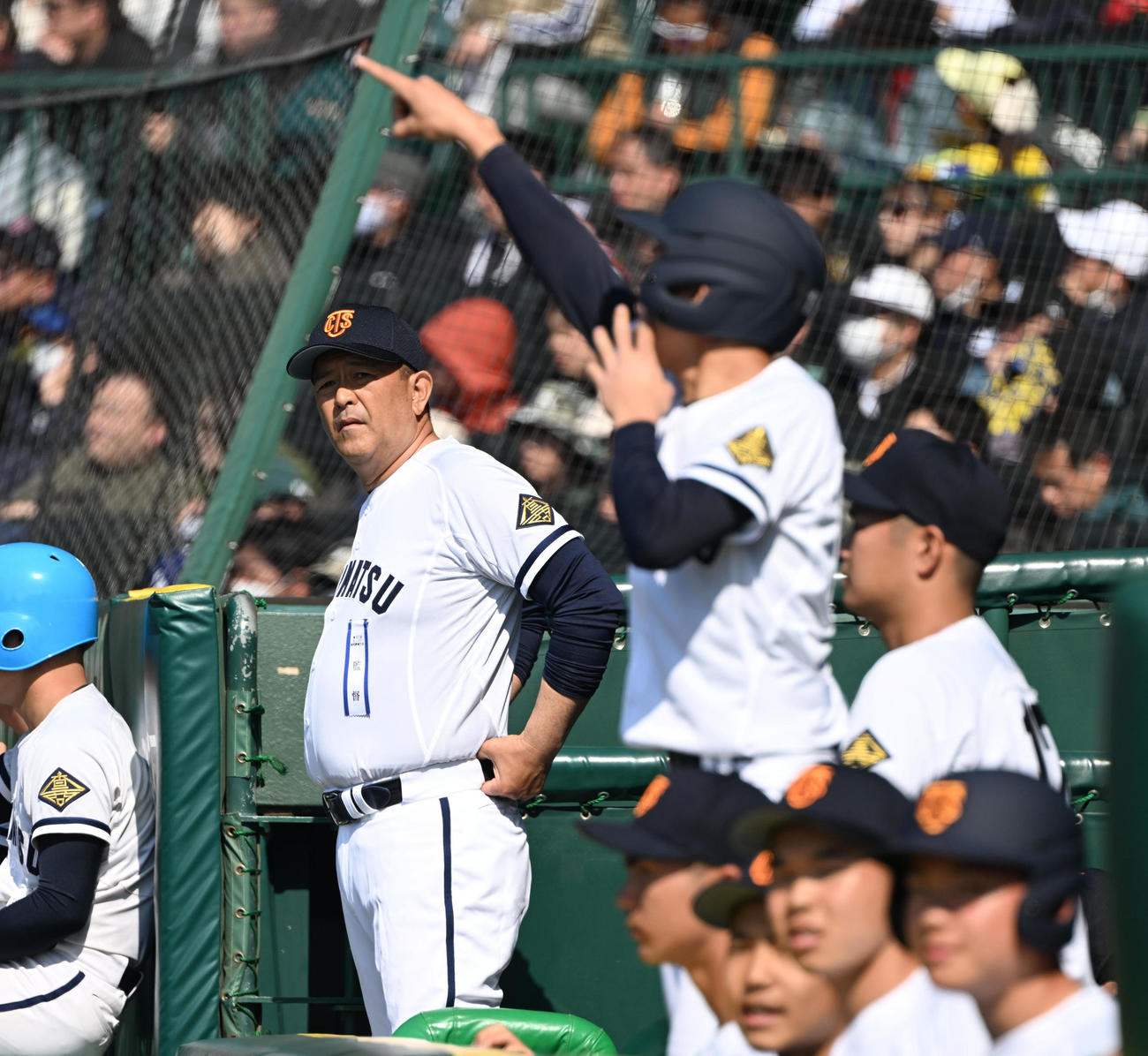 早実対高松商　ベンチから指揮を執る高松商・長尾監督（撮影・和賀正仁）
